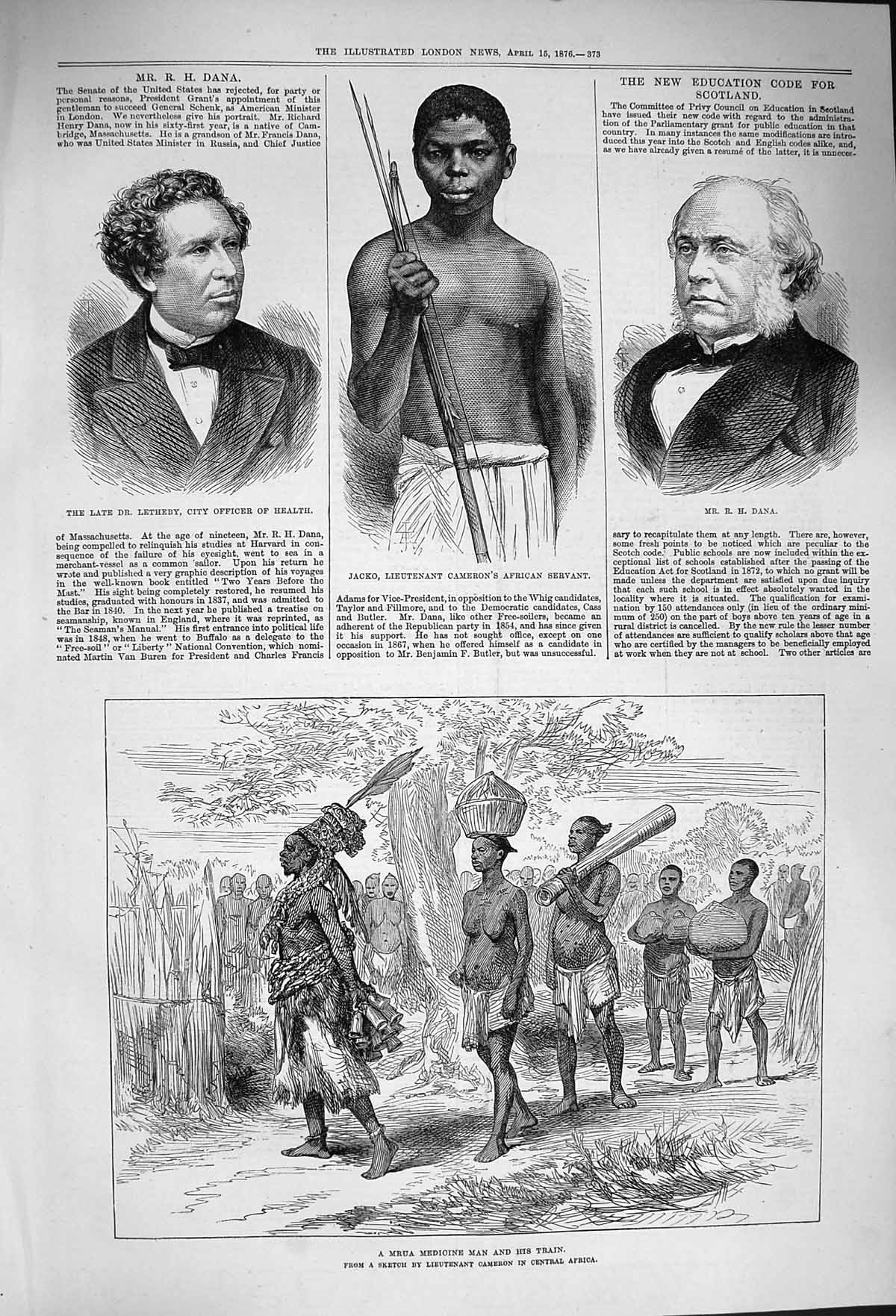 Original Old Antique Print 1876 Jacko Cameron Africa Servant Letheby Dana Mrua