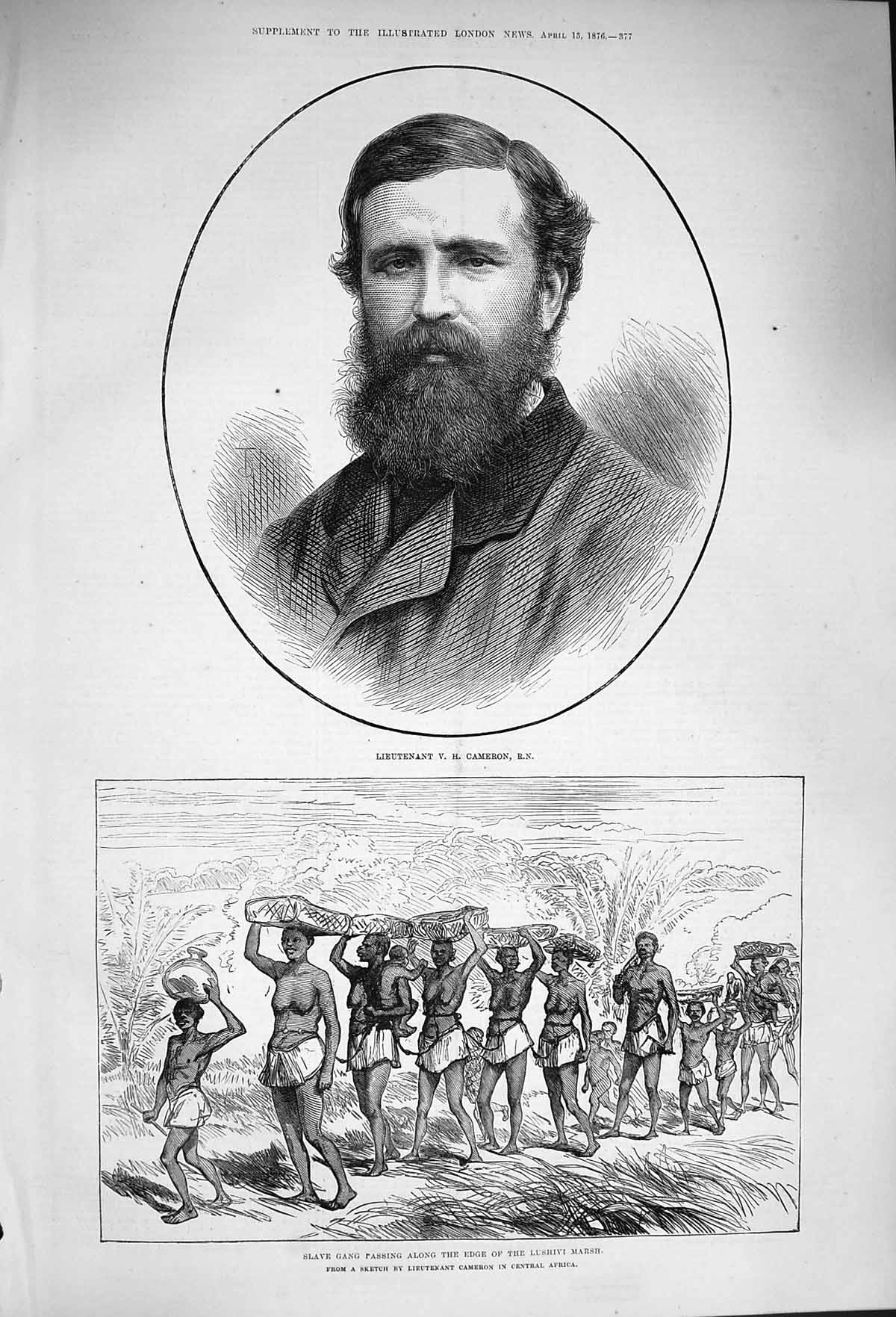 Original Old Antique Print 1876 Portrait Lieutenant Cameron Slave Gang Lushivi