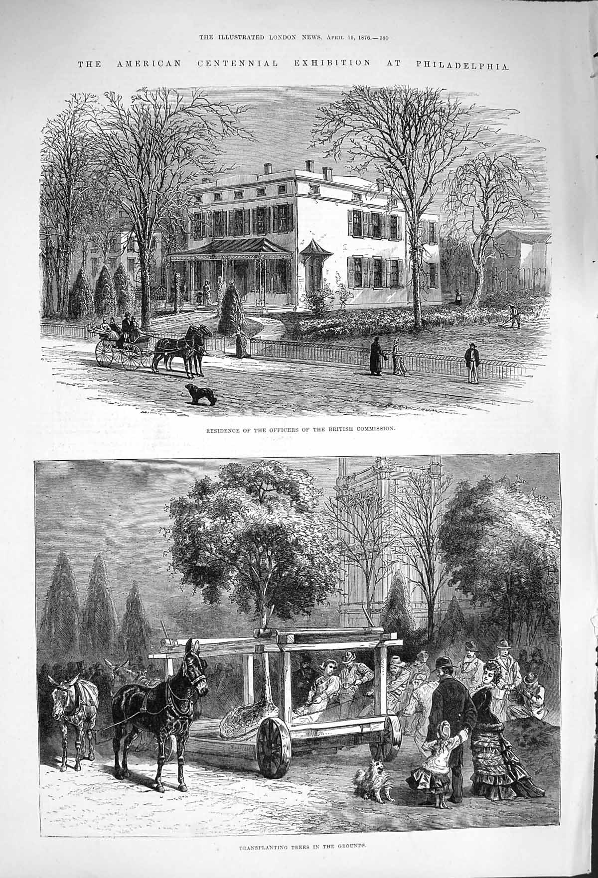 Original Old Antique Print 1876 Philadelphia British Commission Trees Grounds