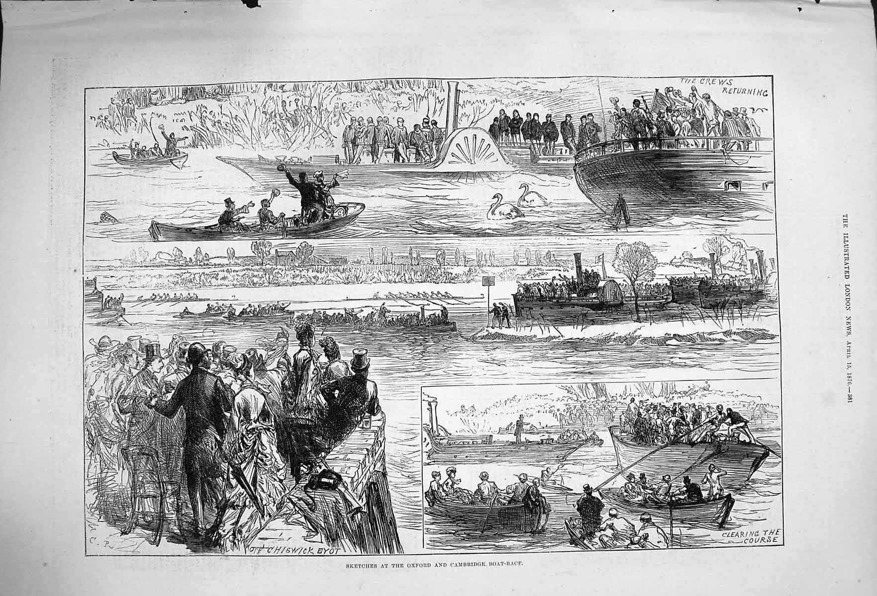 Original Old Antique Print 1876 Oxford Cambridge Boat Race Sport River Thames