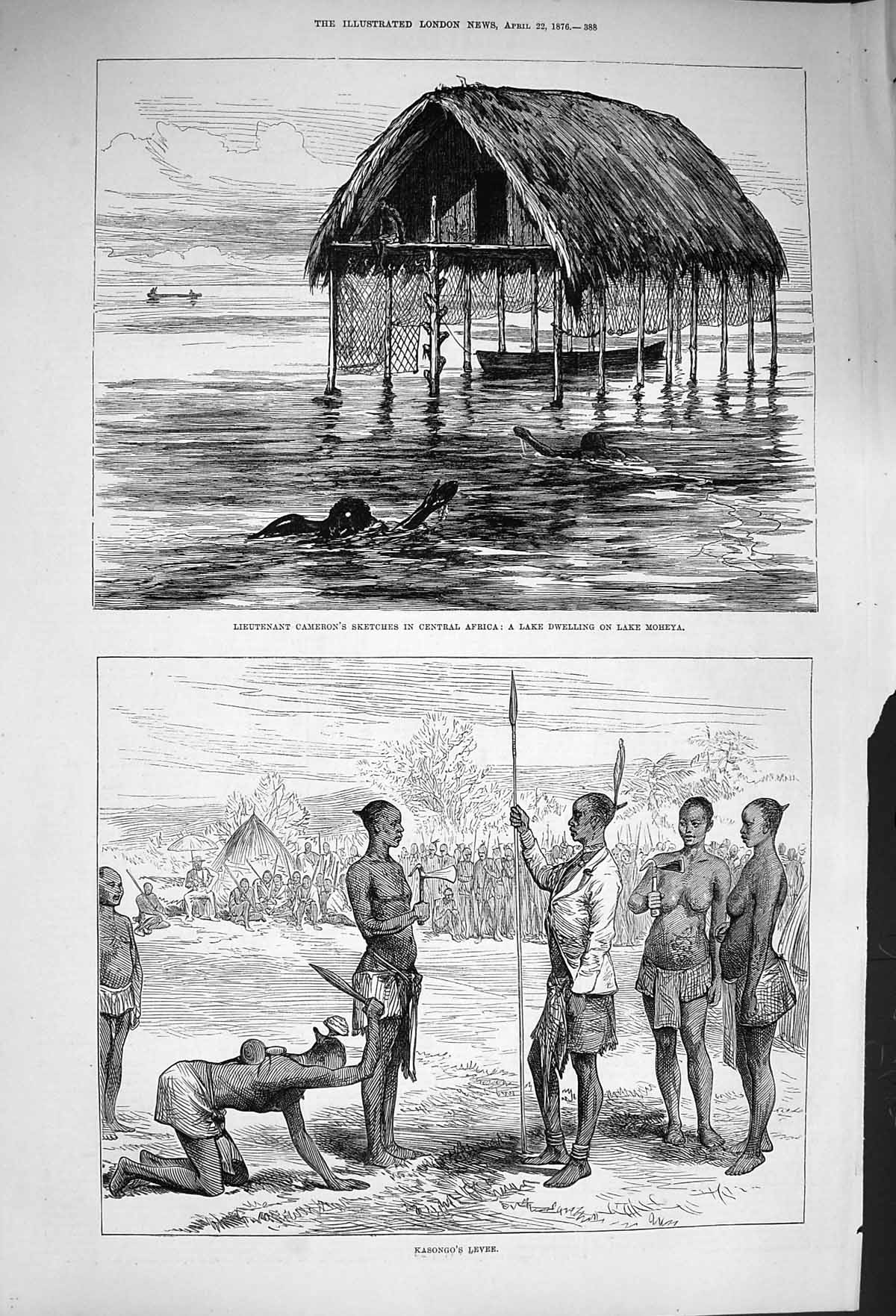 Old Antique Print 1876 Cameron Africa Lake Moheya Kasongo Levee Natives 19th