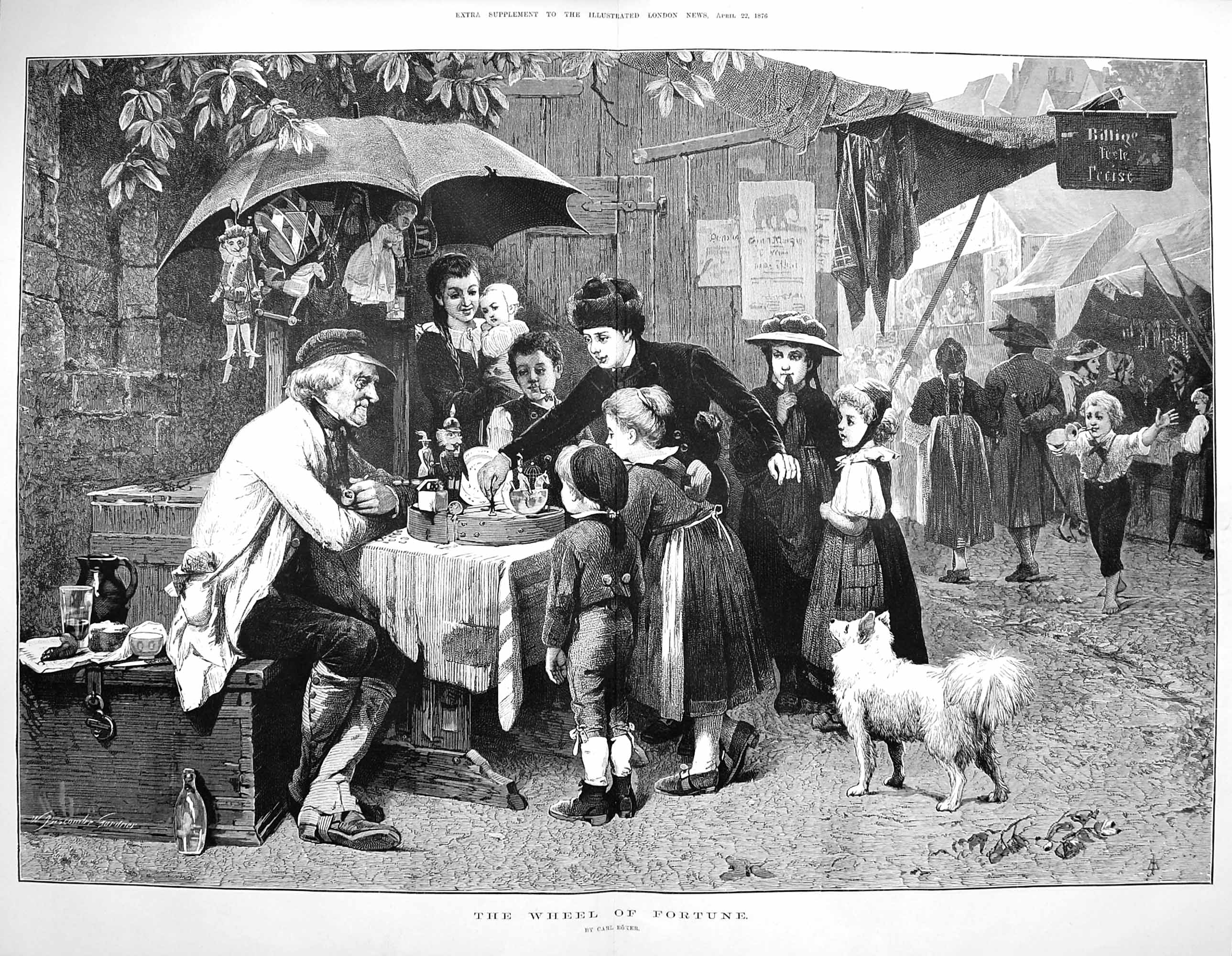 Old Antique Print 1876 Wheel Fortune Street Market Fine Art Carl Boxer 19th