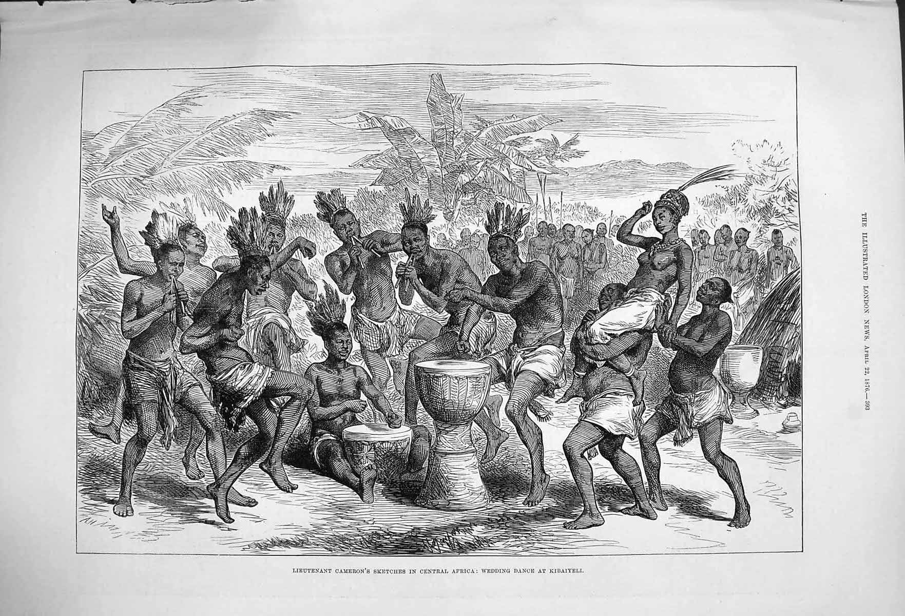 Original Old Antique Print 1876 Lieutenant Cameron Africa Wedding Kibaiyeli