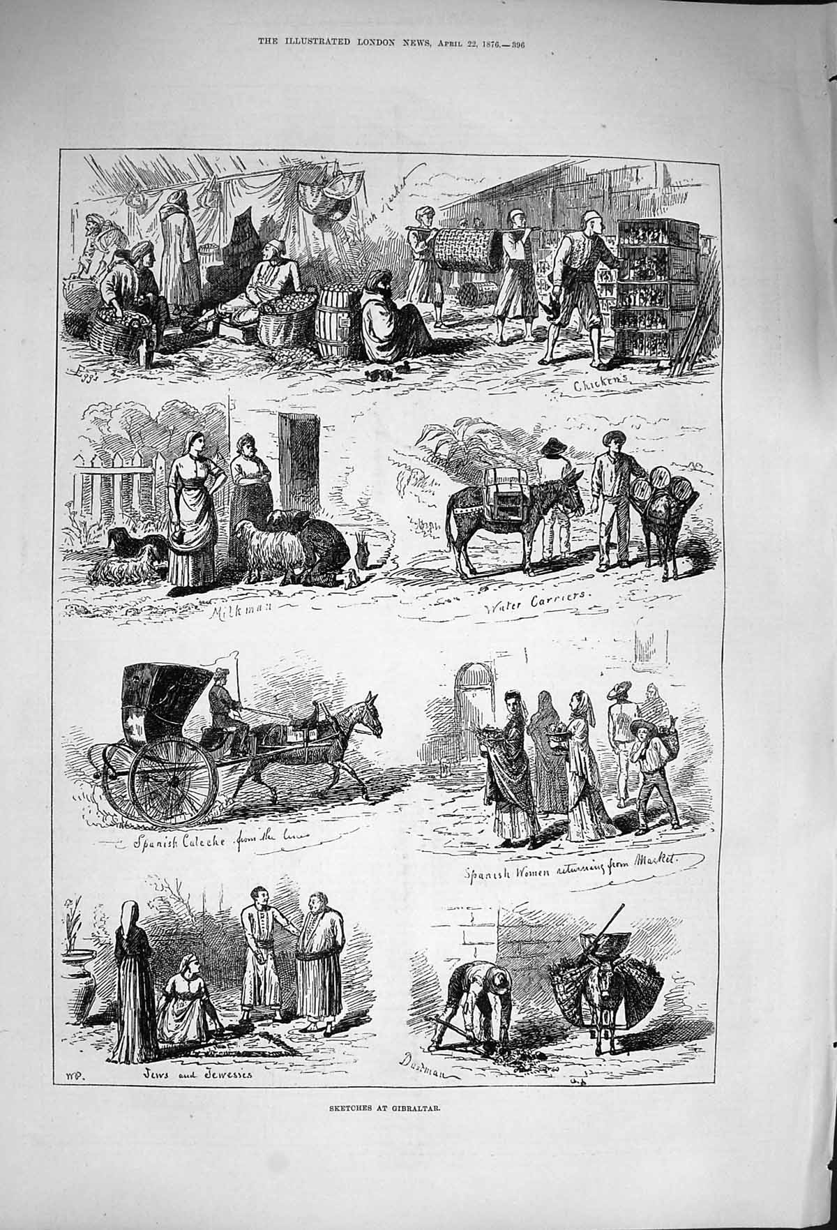 Original Old Antique Print 1876 Gibraltar Jews Chicken Market Milkman Dustman