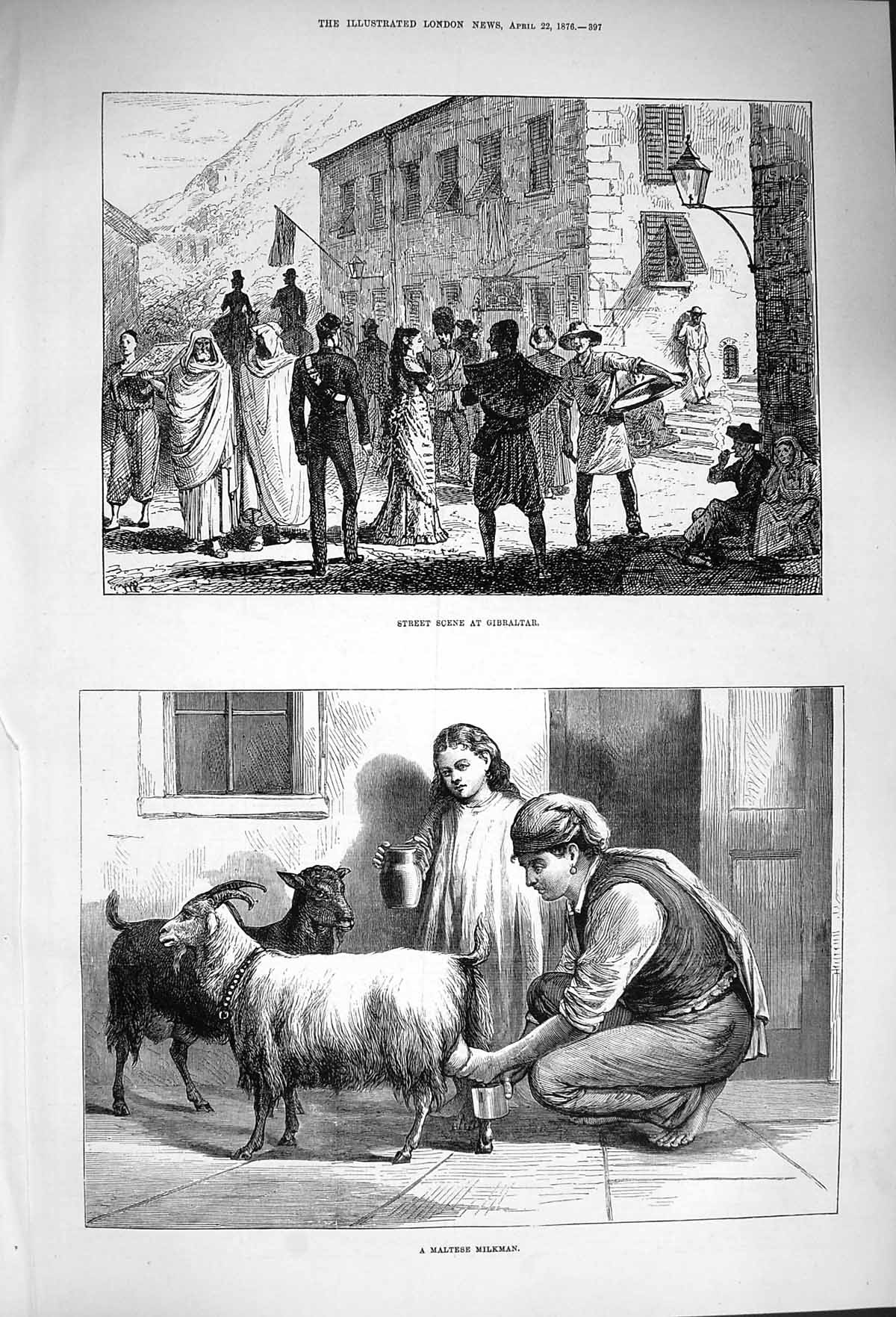 Original Old Antique Print 1876 Street Scene Gibraltar Maltese Milkma Victorian