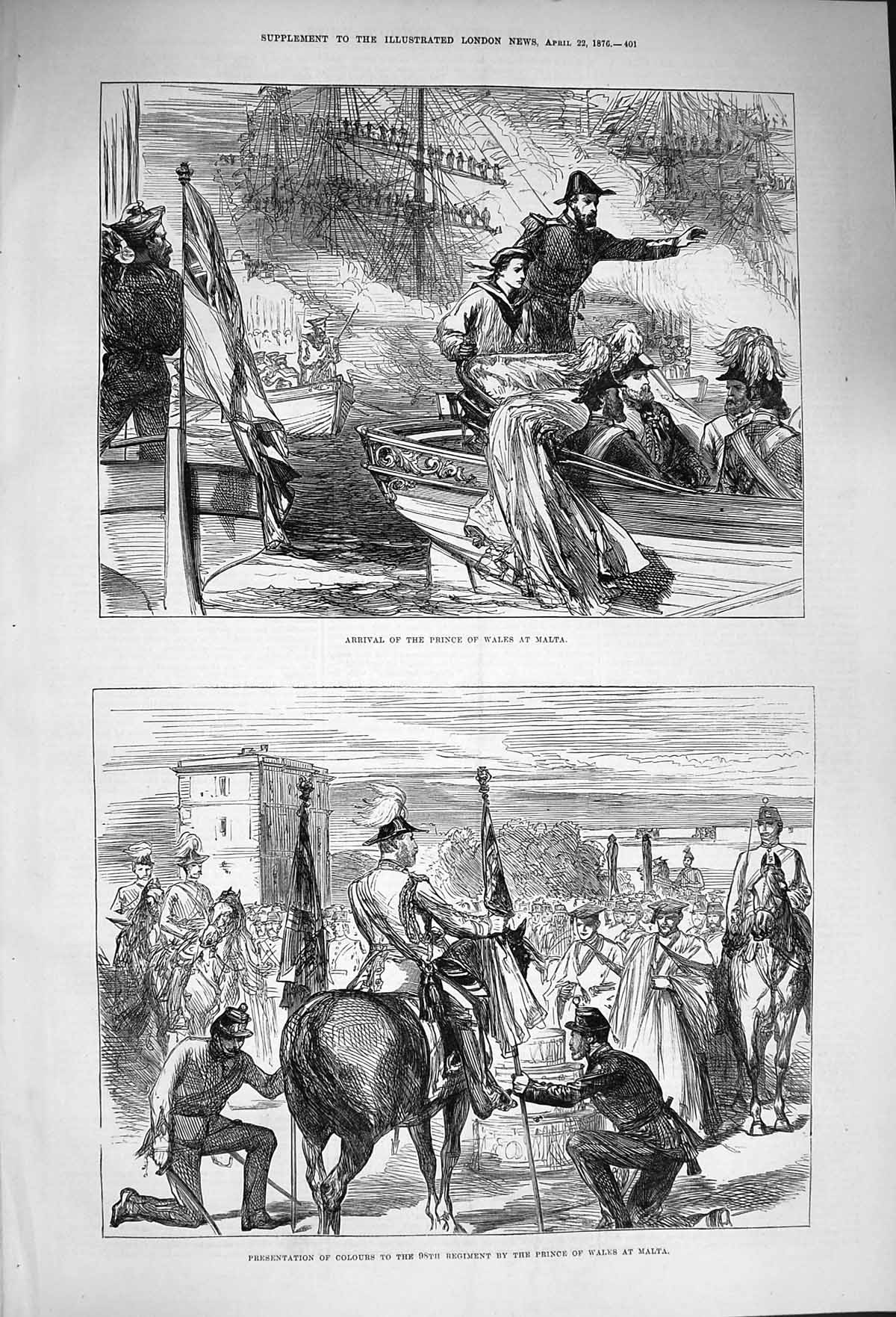 Original Old Antique Print 1876 Prince Wales Malta Presentation 98Th Regiment