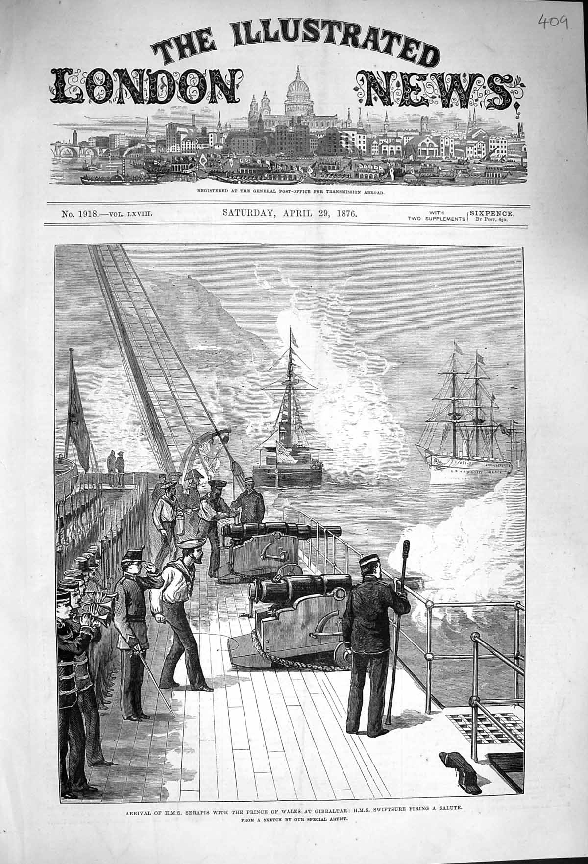 Original Old Antique Print 1876 Ship Serapis Prince Wales Gibraltar Swiftsure