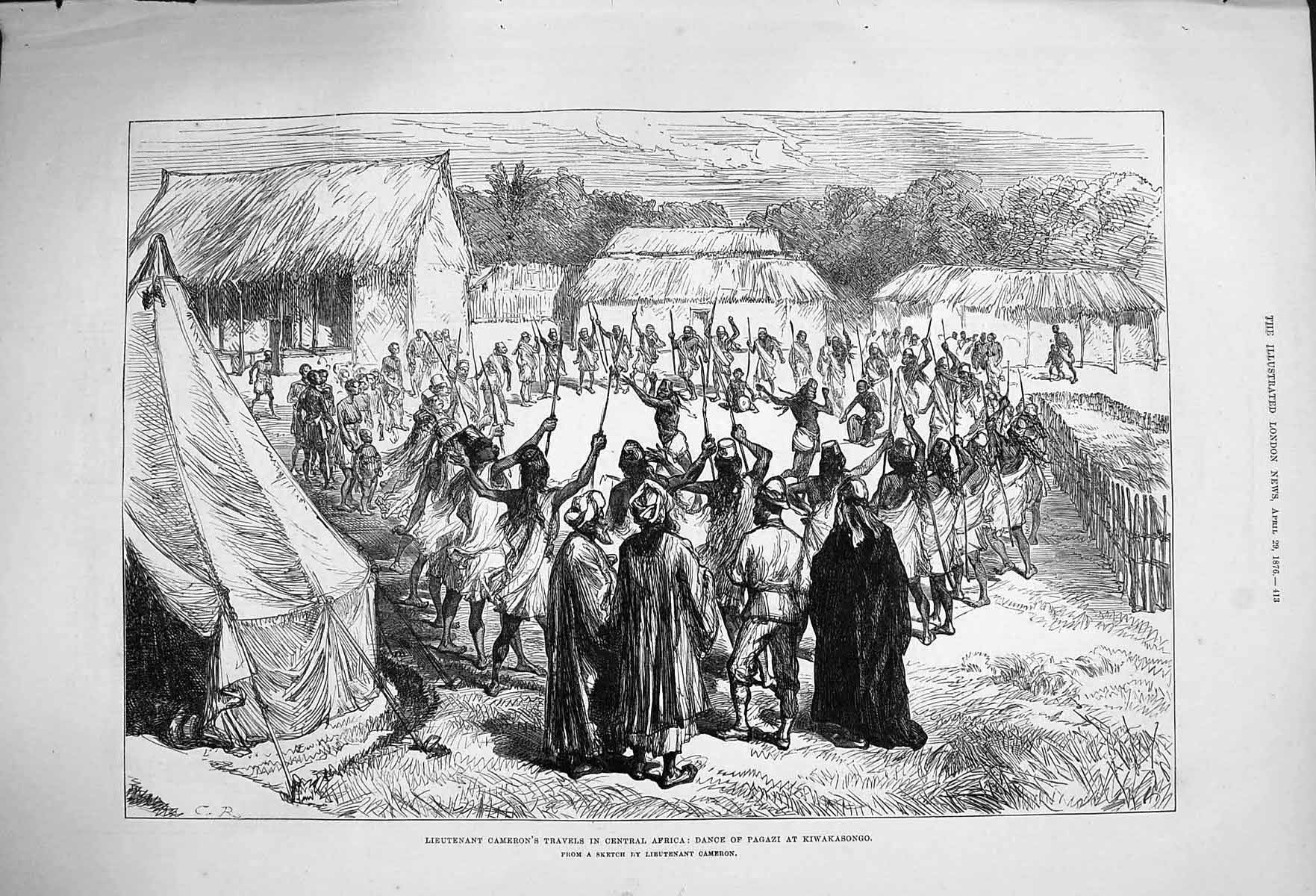 Old Antique Print 1876 Lieutenant Cameron Africa Dance Pagazi Kiwakasongo 19th