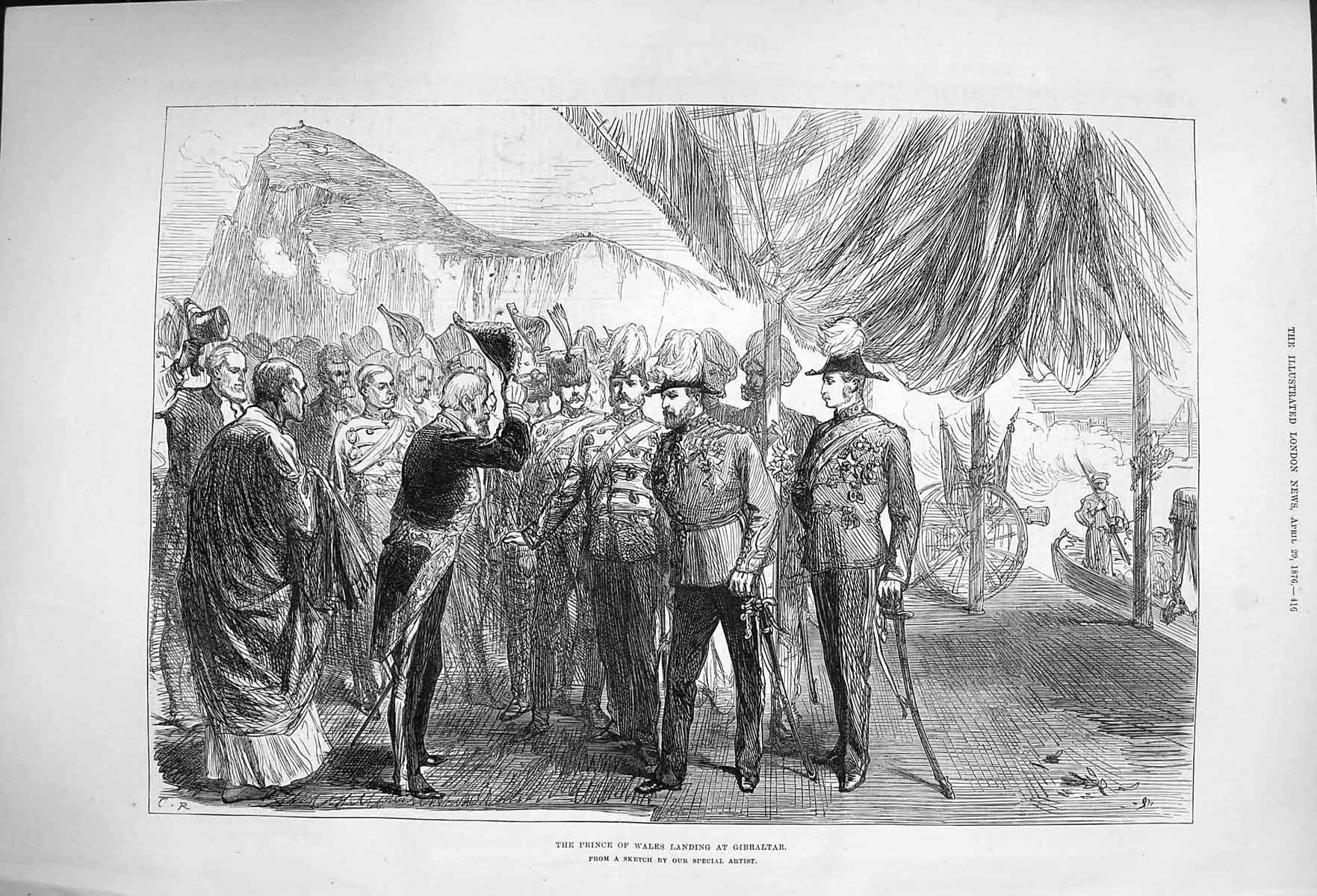 Original Old Antique Print 1876 Prince Wales Landing Gibraltar Rock Siers 19th