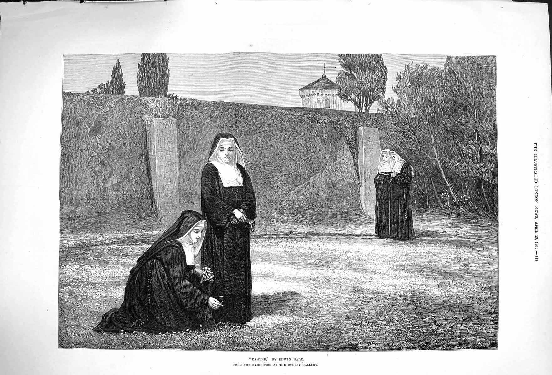 Original Old Antique Print 1876 Edwin Bale Finea Art Ladies Nuns Easter Flowers