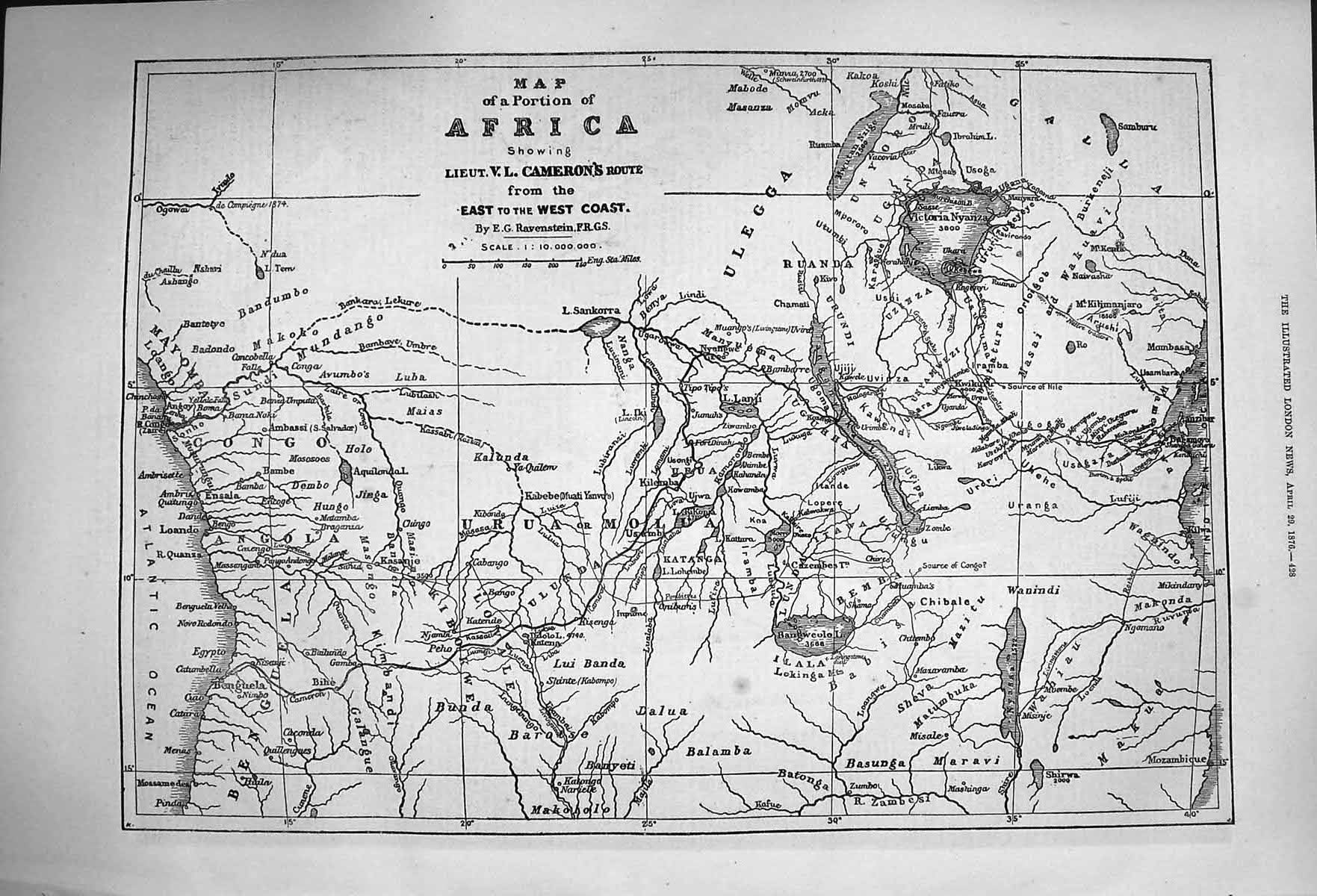 Old Antique Print 1876 Map Africa Ulegga Basunga Balamba Bunda Sankorra 19th