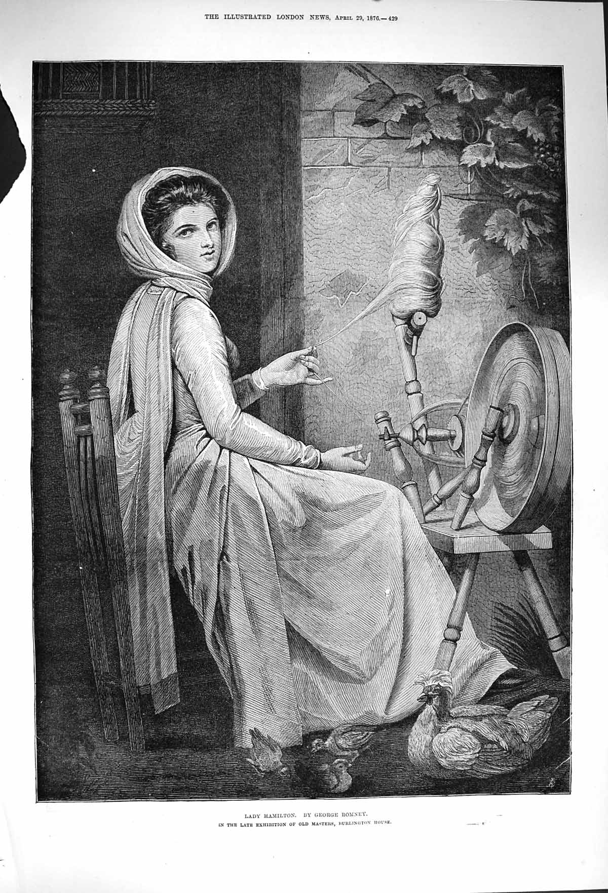 Original Old Antique Print 1876 Portrait Lady Hamilton Spinning Wool Victorian