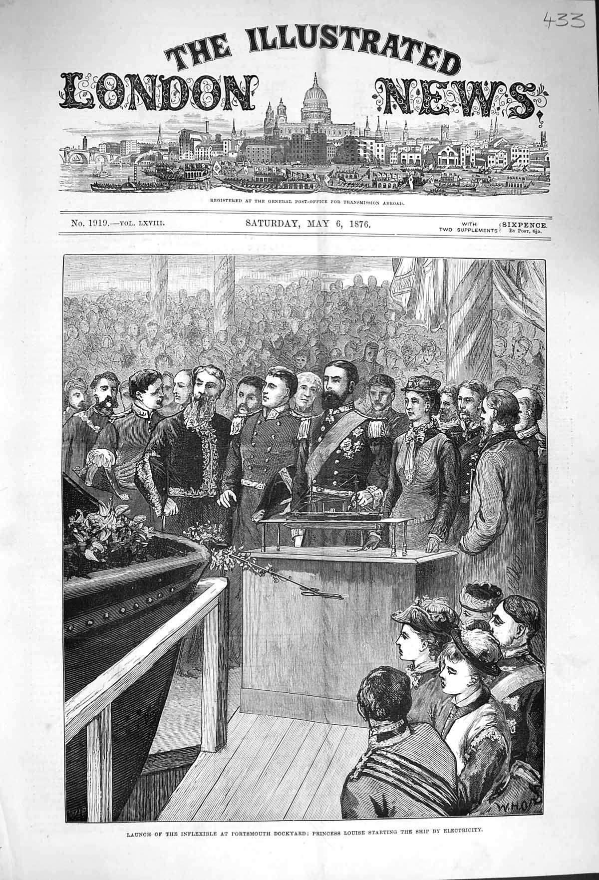 Old Antique Print 1876 Ship Inflexible Portsmouth Docks Princess Louise 19th