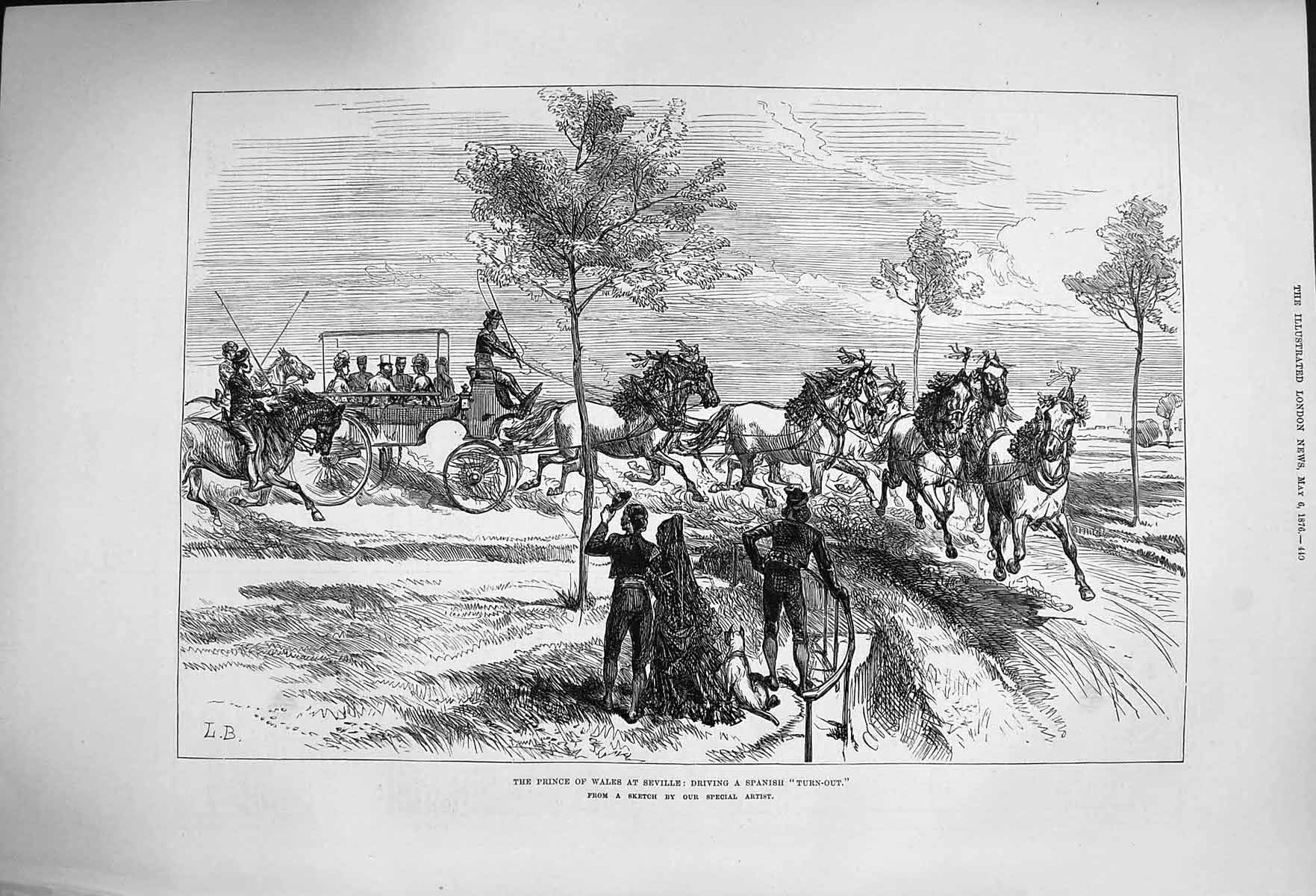Original Old Antique Print 1876 Prince Wales Seville Spanish Turn-Out Horses