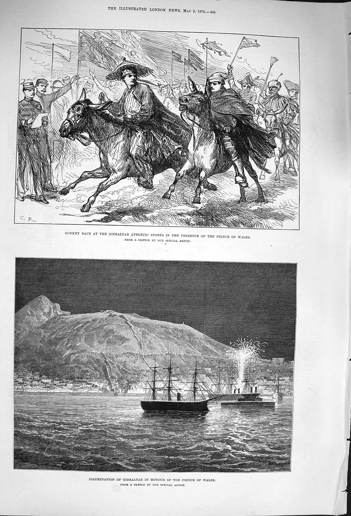 Old Antique Print 1876 Donkey Race Gibraltar Athletic Sports Ships Wales 19th
