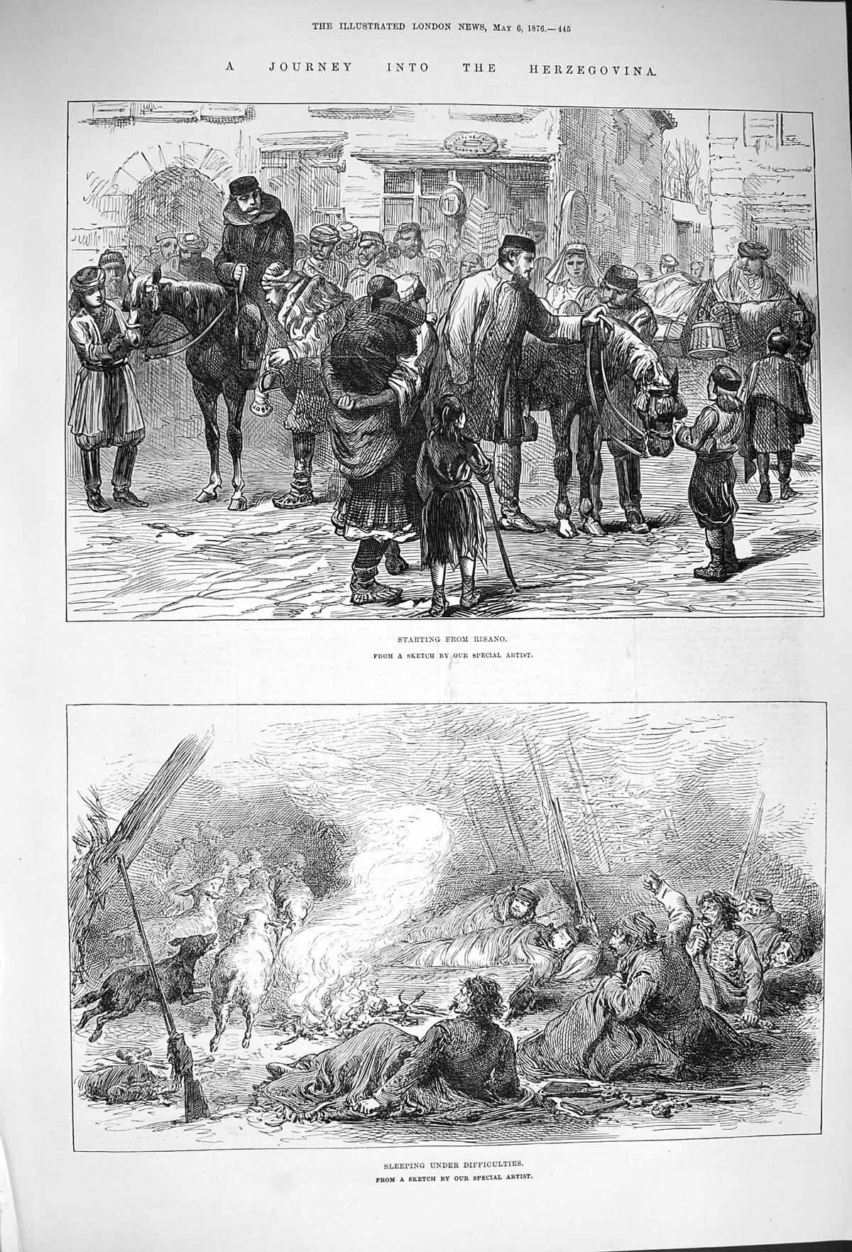 Original Old Antique Print 1876 Herzegovina Risano Siers Sleeping Sheep Dogs