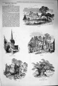 Original Old Antique Print 1876 Kent Eynsford Shoreham Church Yew Tree Victorian