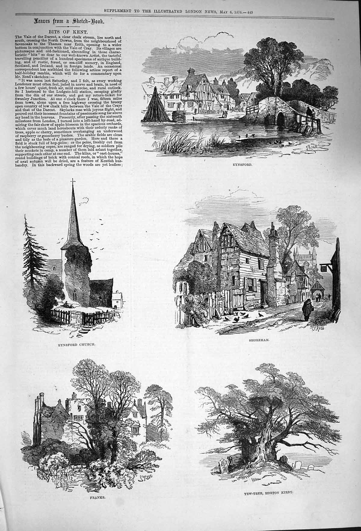 Original Old Antique Print 1876 Kent Eynsford Shoreham Church Yew Tree Victorian