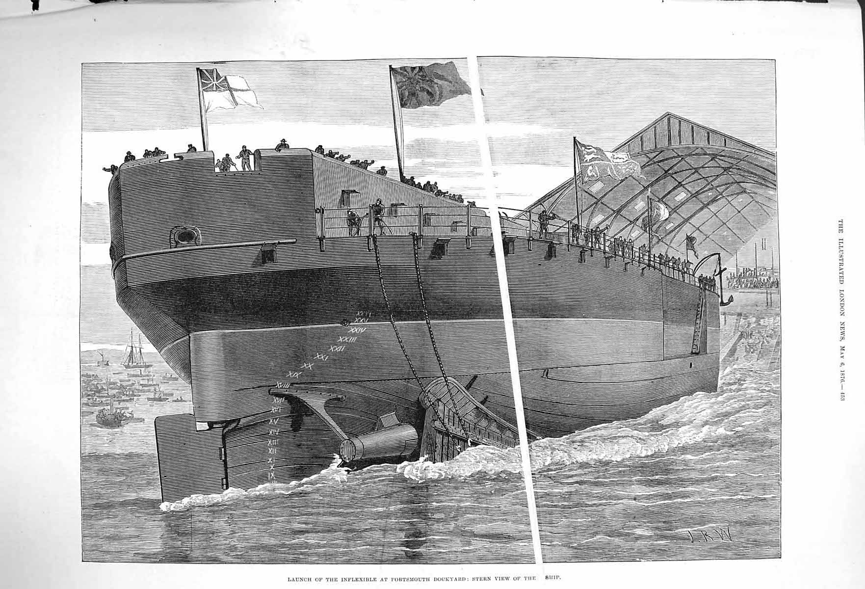 Old Antique Print 1876 Launch Ship Inflexible Portsmouth Dockyard Stern 19th