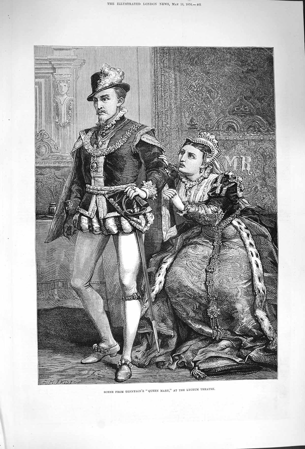Original Old Antique Print 1876 Scene Tennyson Queen Mary Lyceum Theatre Actors