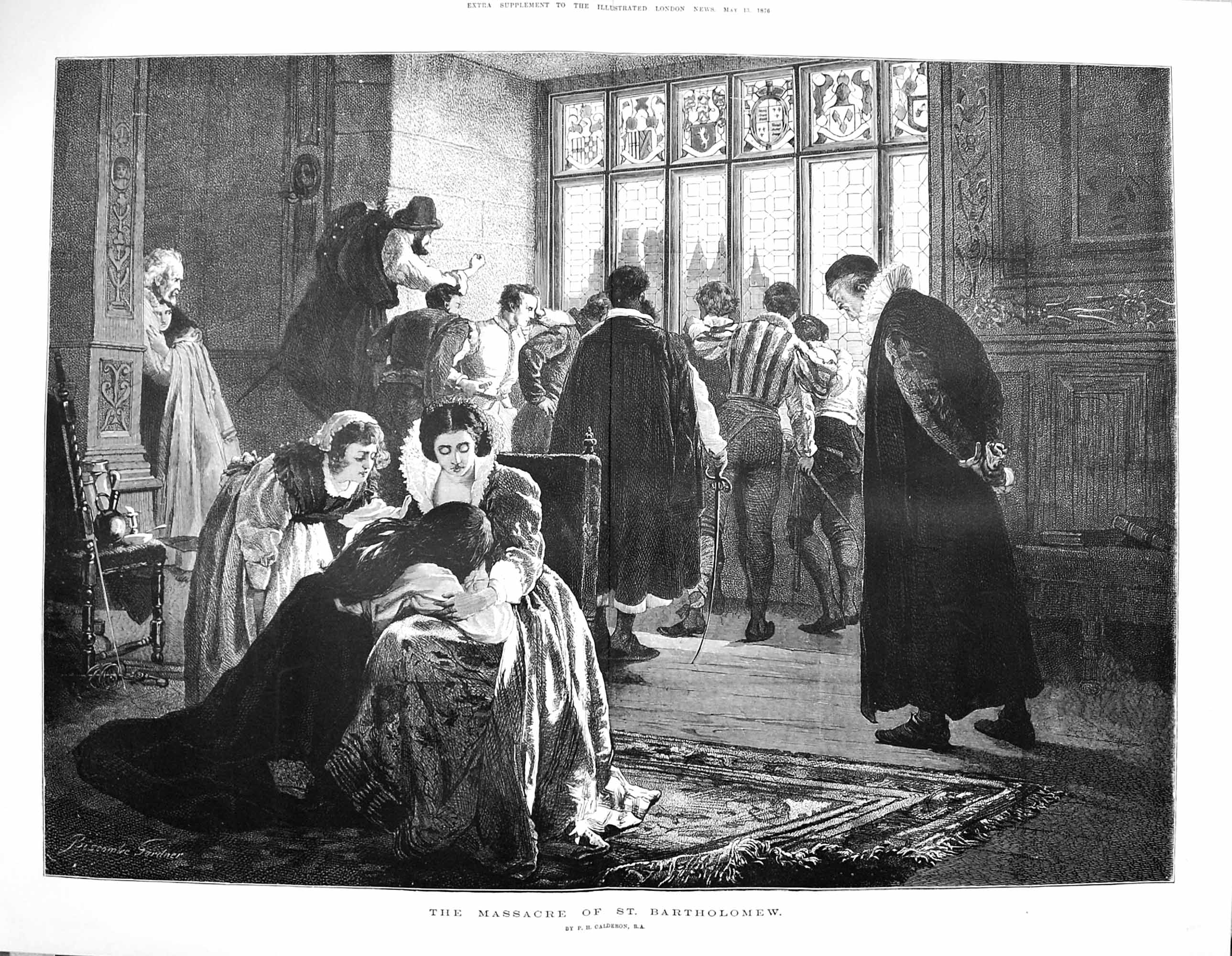 Original Old Antique Print 1876 Massacre St. Bartholomew People Fine Art 19th