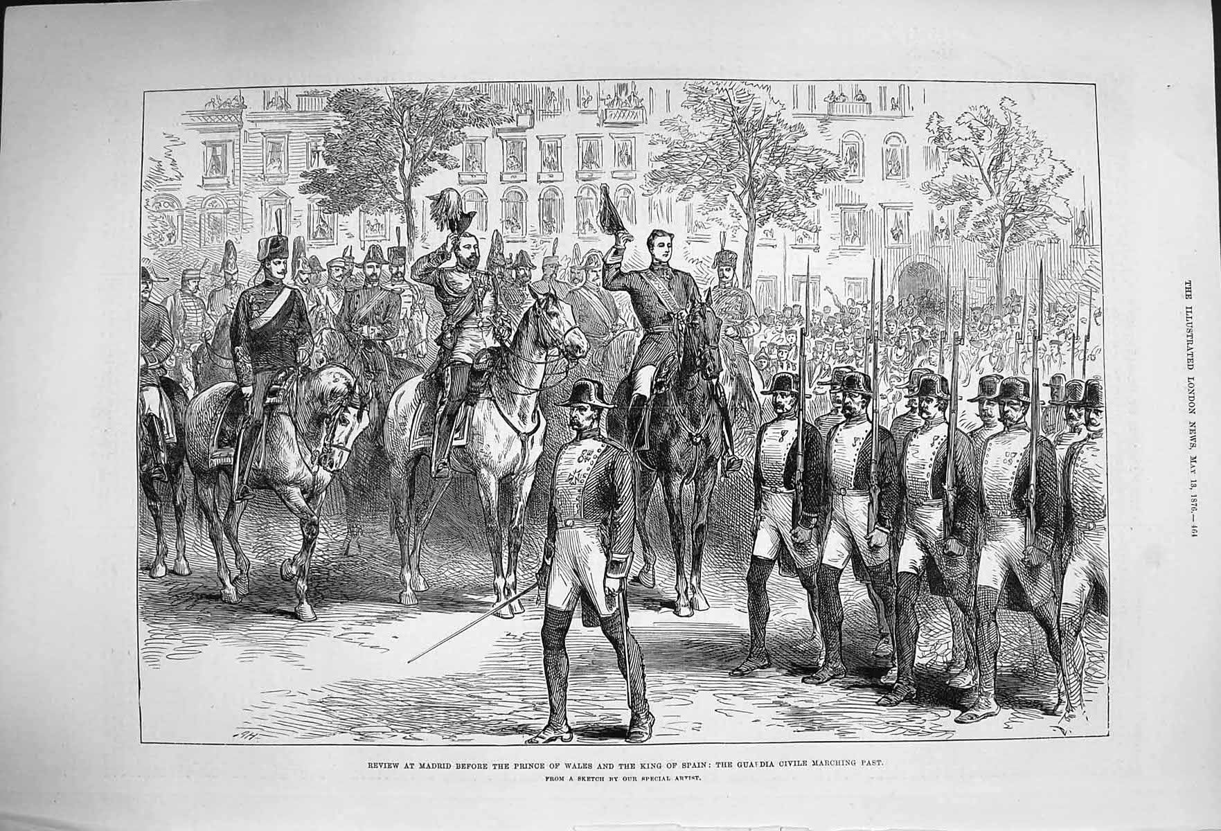 Original Old Antique Print 1876 Madrid Prince Wales King Spain Guardia Civile