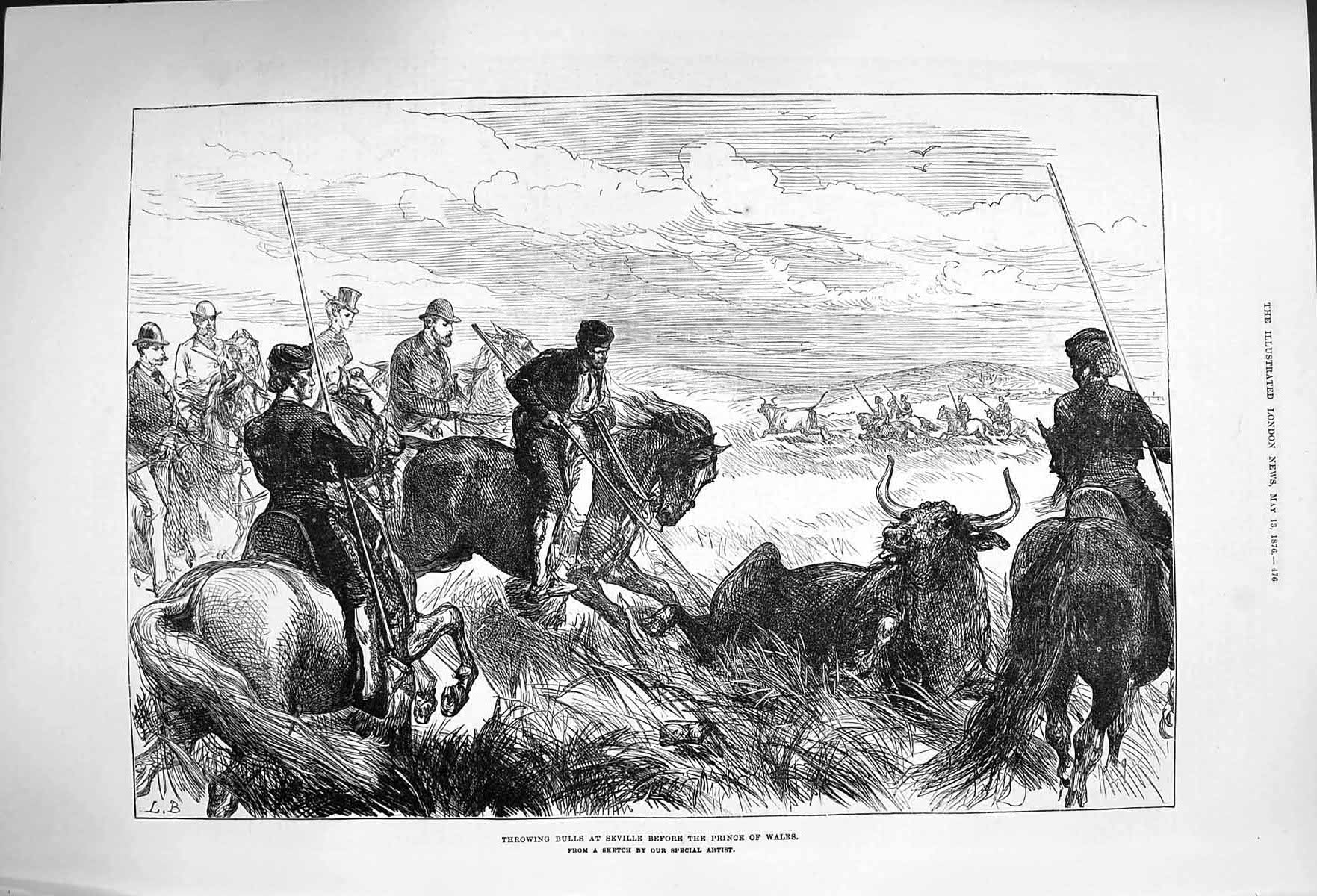 Original Old Antique Print 1876 Throwing Bulls Seville Prince Wales Hunting