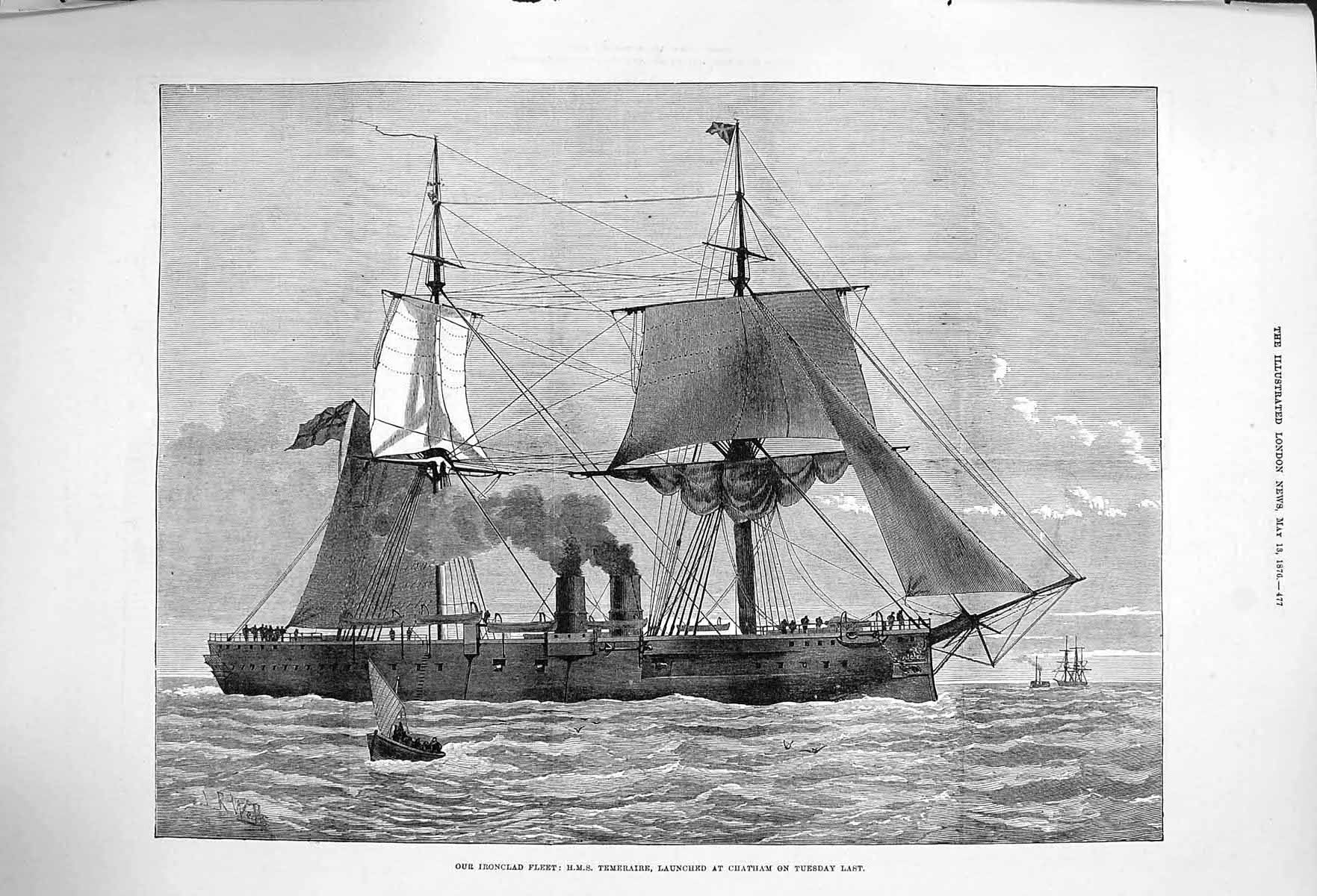 Original Old Antique Print 1876 Ironclad Fleet Ship H.M.S. Temeraire Chatham