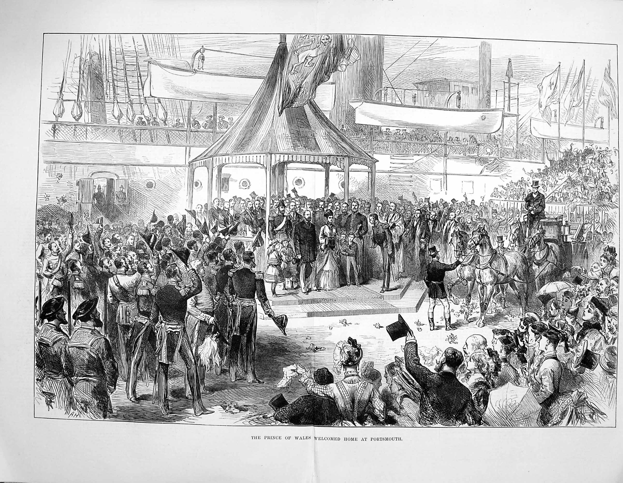 Original Old Antique Print 1876 Prince Wales Welcome Home Portsmouth England
