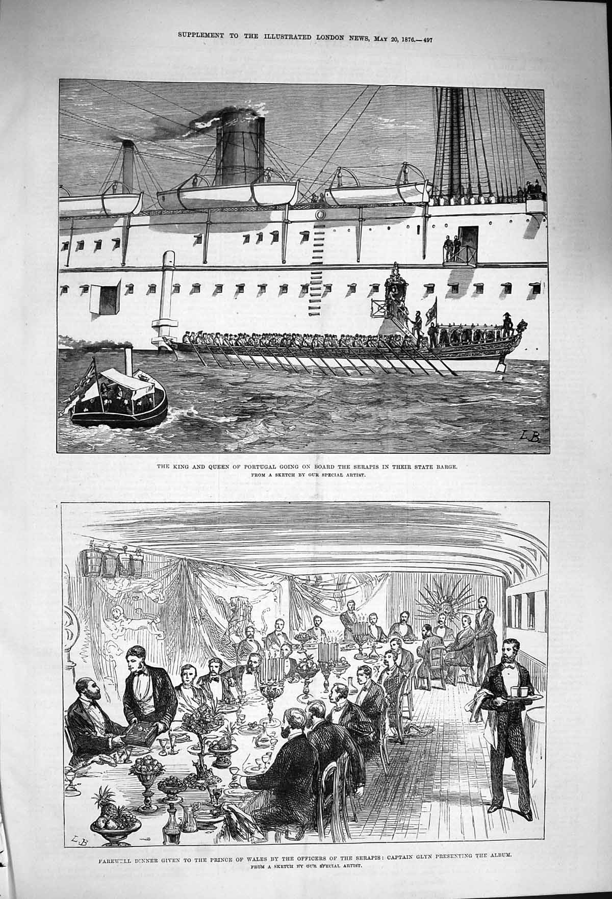 Original Old Antique Print 1876 King Portugal Ship Serapis Barge Captain Glyn