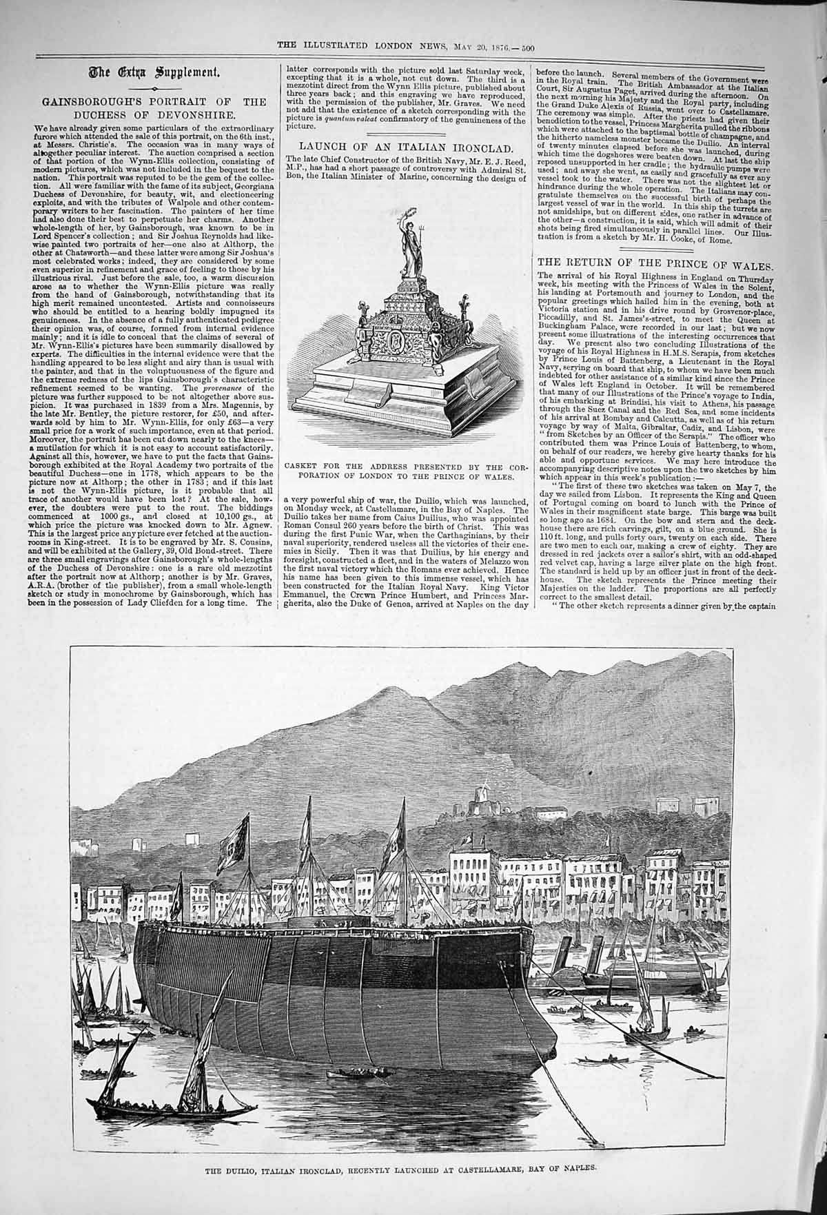 Original Old Antique Print 1876 Duilio Italian Ship Castellamare Naples Casket