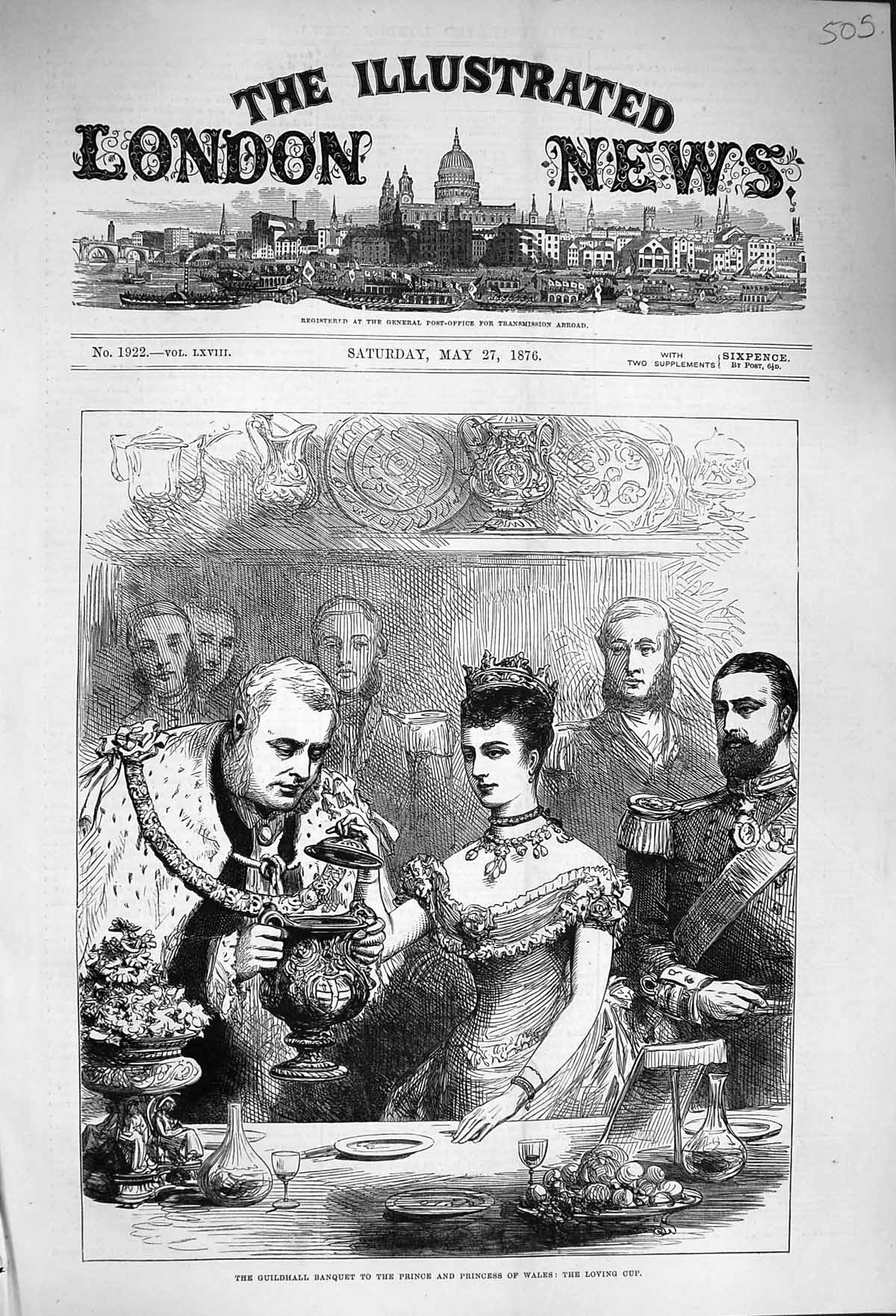 Old Antique Print 1876 Guildhall Banquet Prince Princess Wales Loving Cup 19th