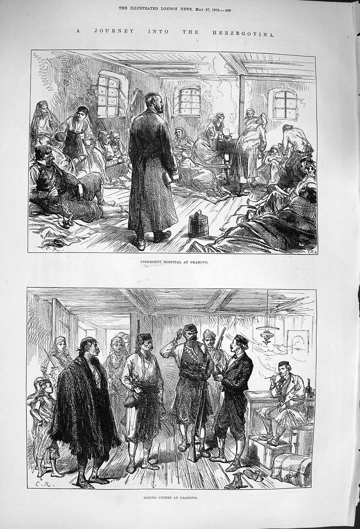 Antique Old Print *4015 1876 Herzegovina Insurgent Hospital Grahovo Guides
