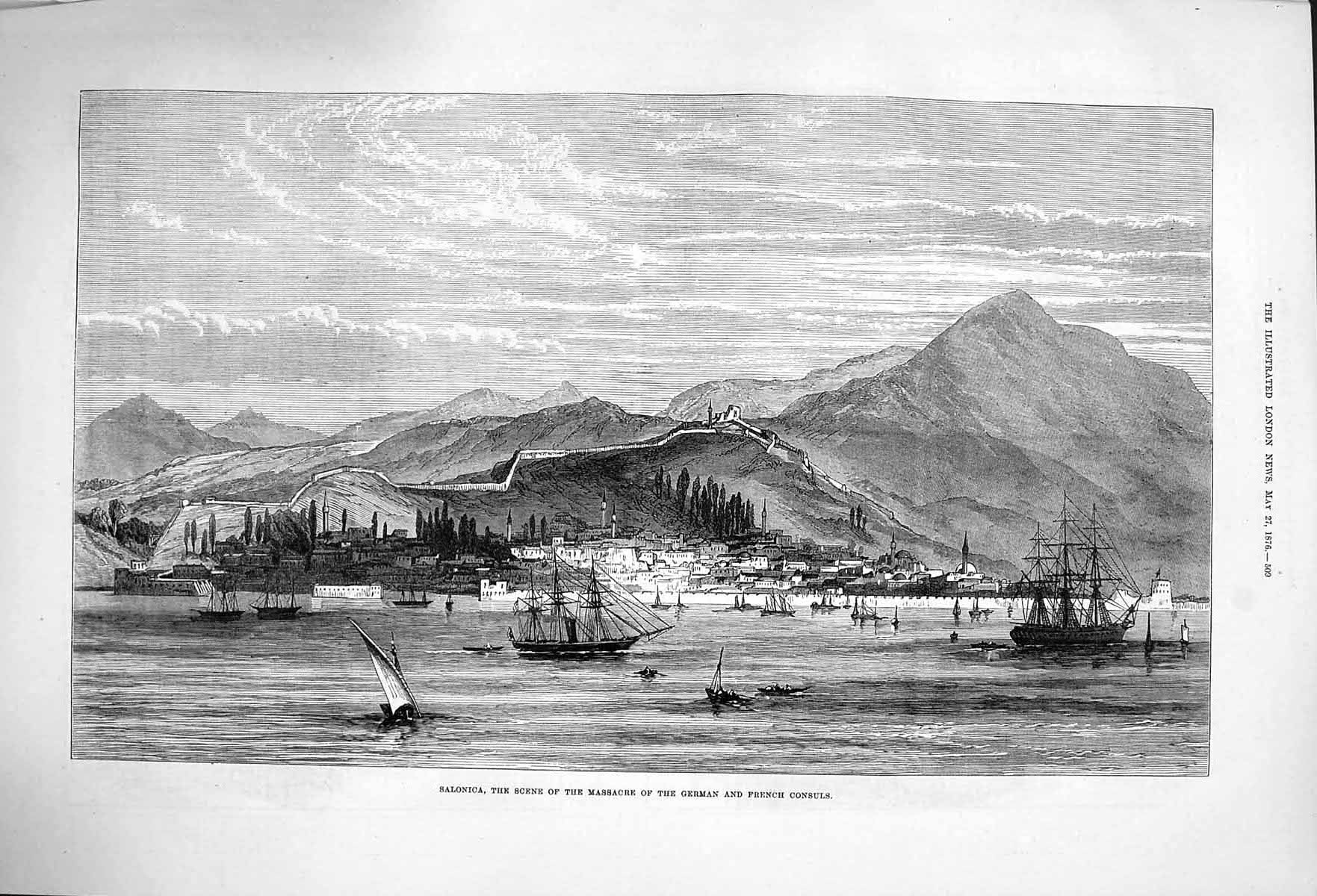 Original Old Antique Print 1876 Salonica Massacre German French Consul Victorian