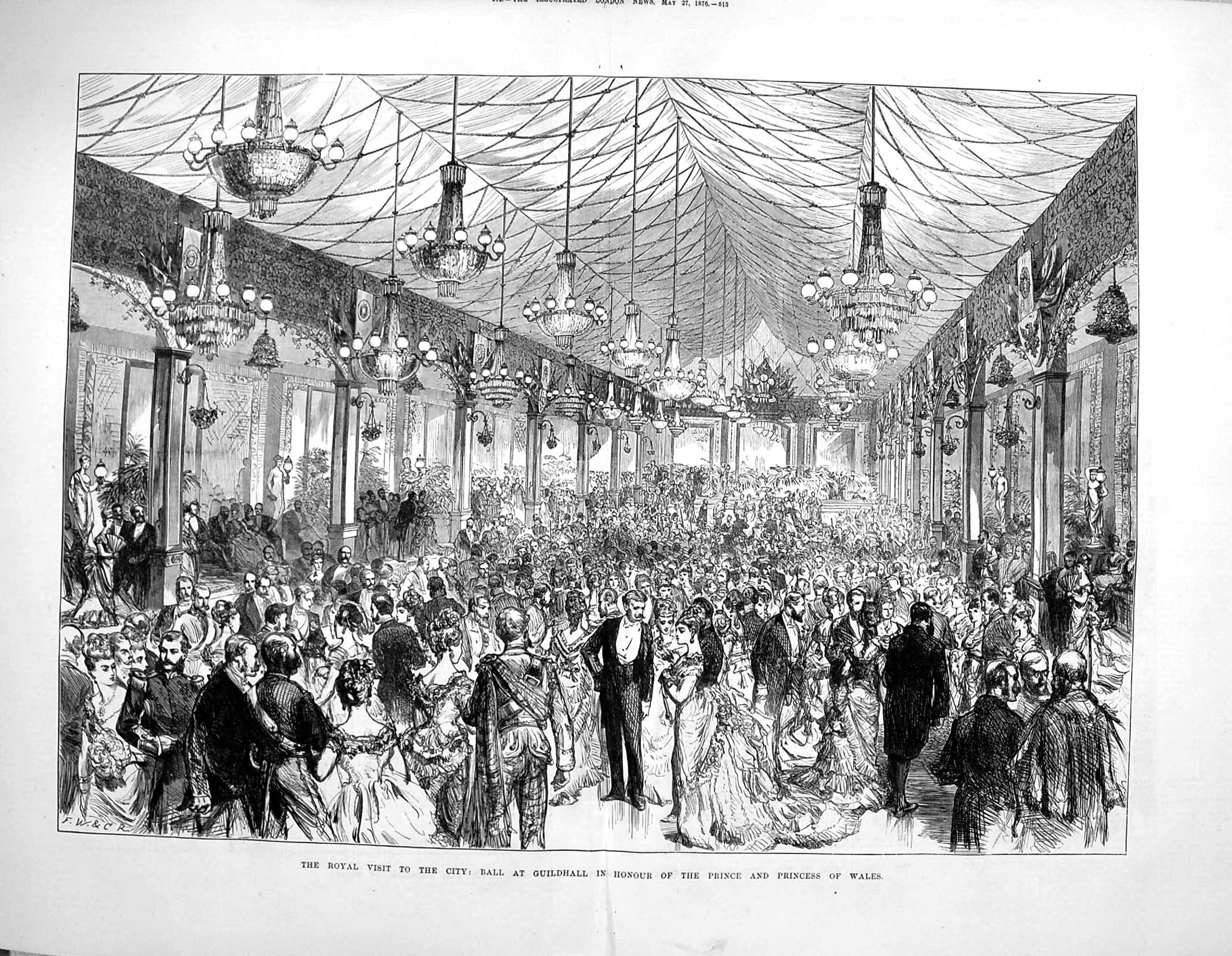 Original Old Antique Print 1876 Prince Wales Ball Guildhall DancingVictorian
