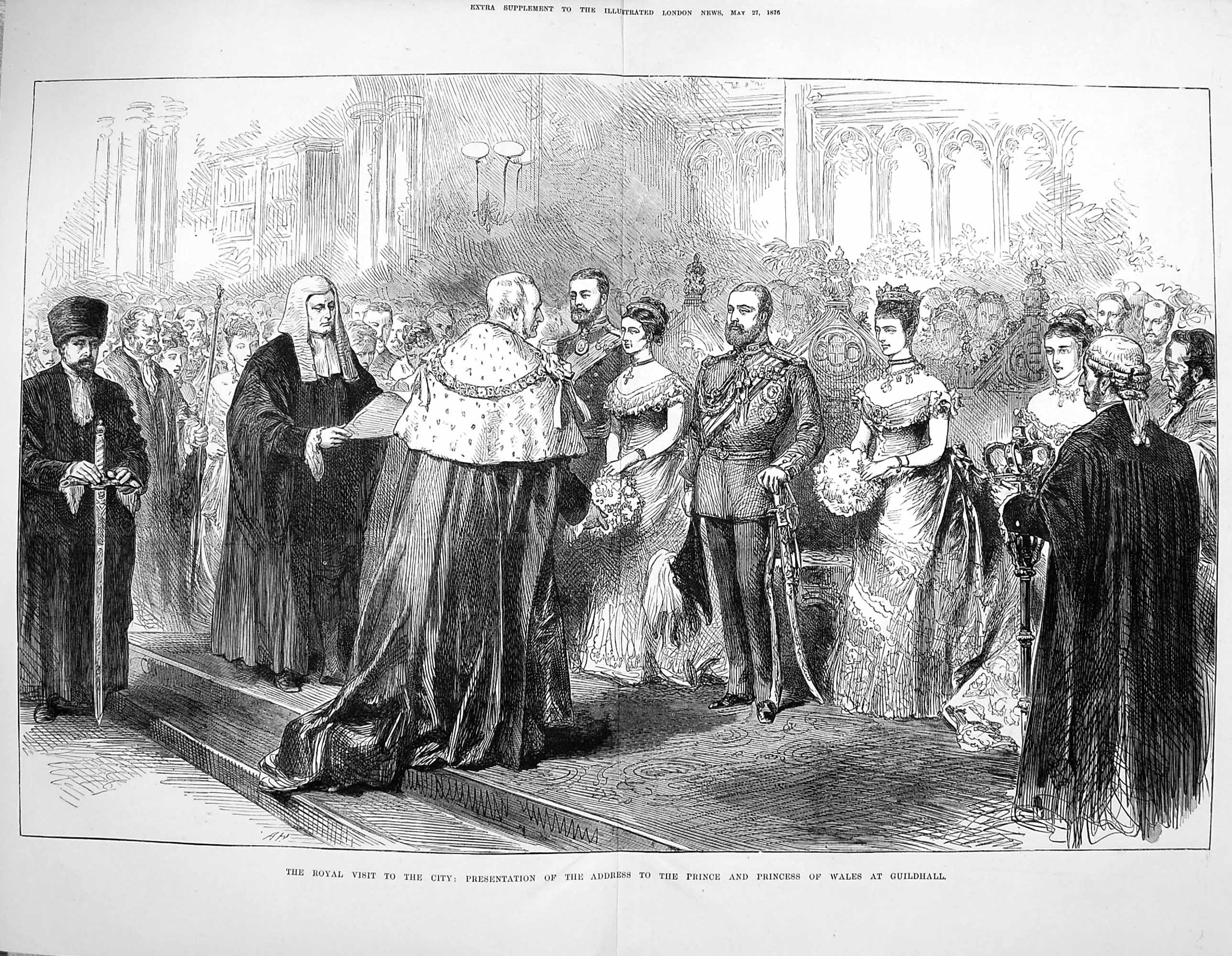 Original Old Antique Print 1876 Prince Wales Guildhall City London Artillery