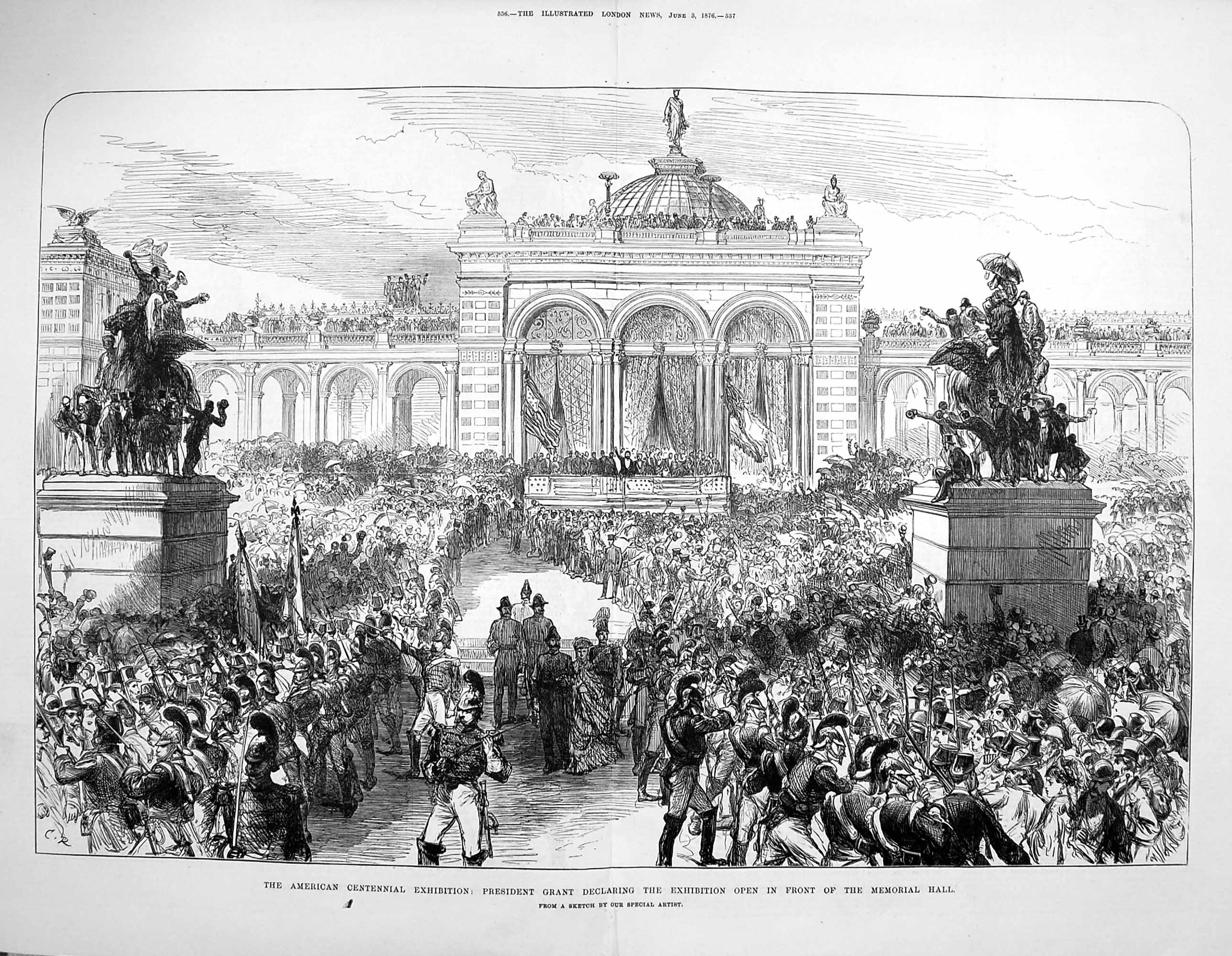 Original Old Antique Print 1876 America President Grant Memorial Hall Sandford