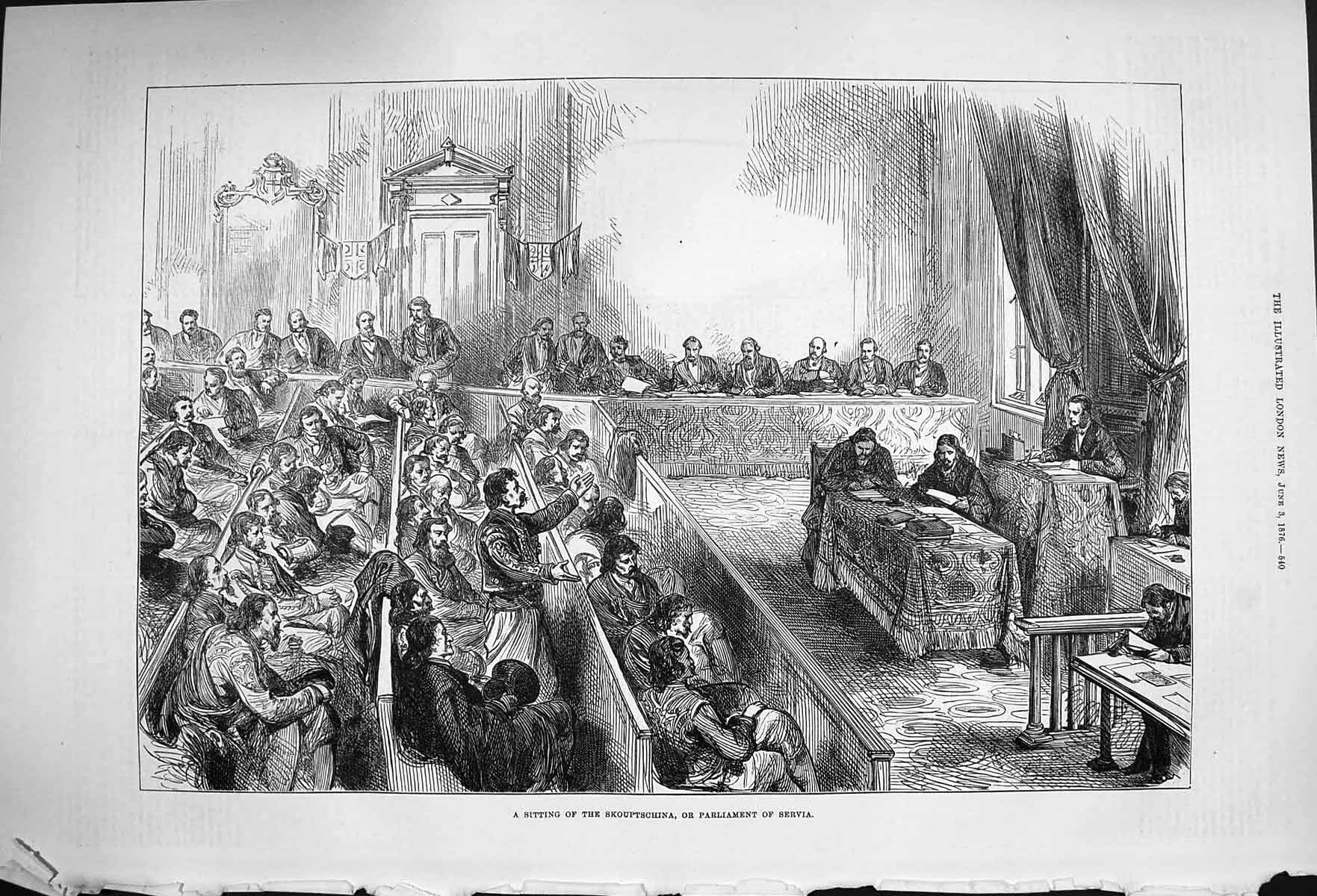 Original Old Antique Print 1876 Sitting Skouptschina Parliament Servia Men 19th