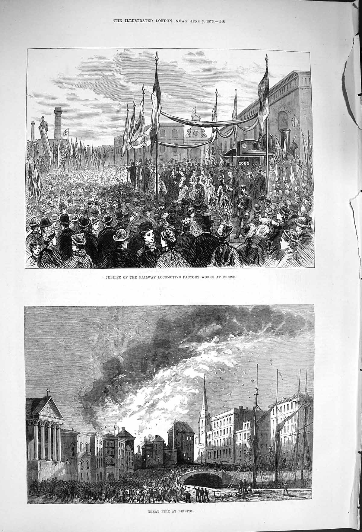 Old Antique Print 1876 Jubilee Railway Locomotive Factory Crewe Bristol 19th