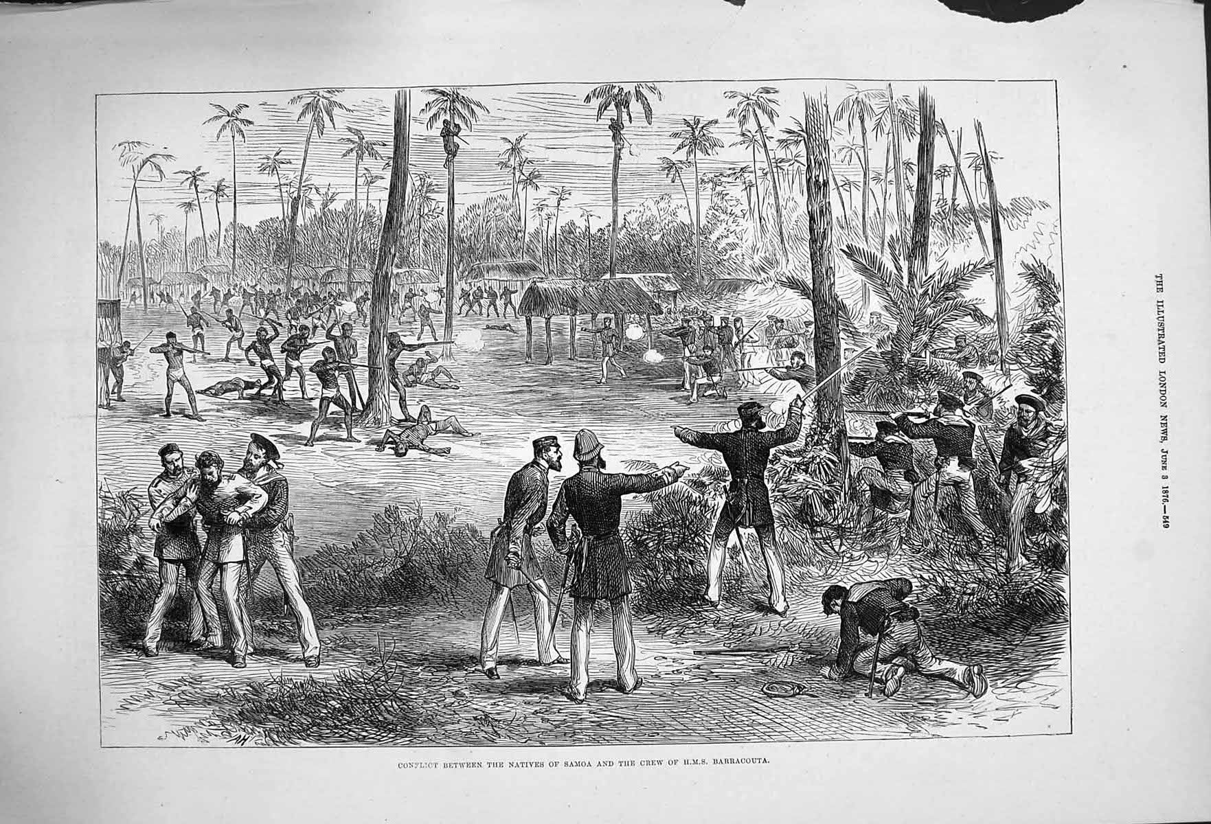 Original Old Antique Print 1876 Battle Natives Samoa Crew Ship Bar Victorian