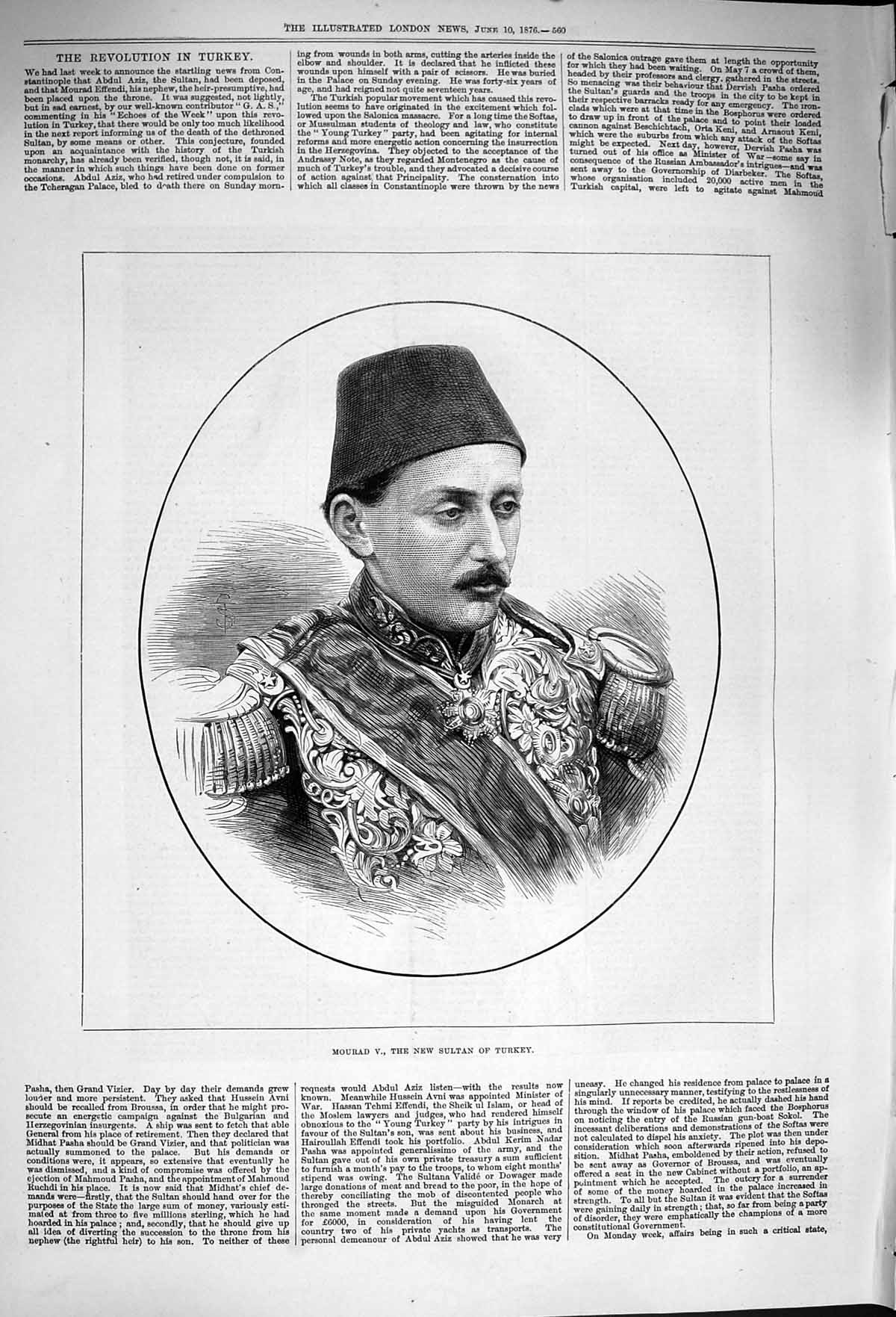 Original Old Antique Print 1876 Portrait Mourad Sultan Turkey 19th