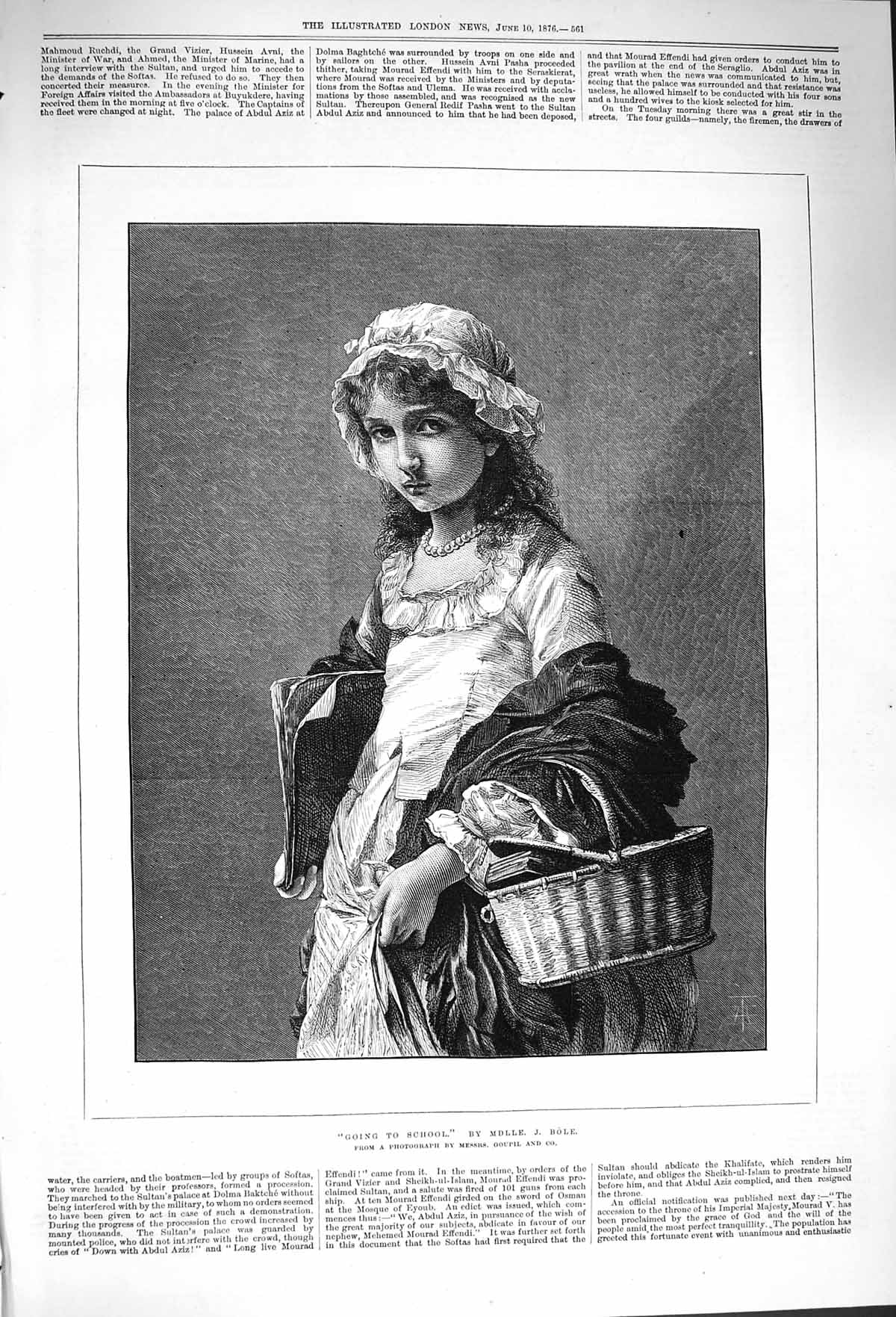 Original Old Antique Print 1876 Portrait Young Girl Going To School Bole 19th