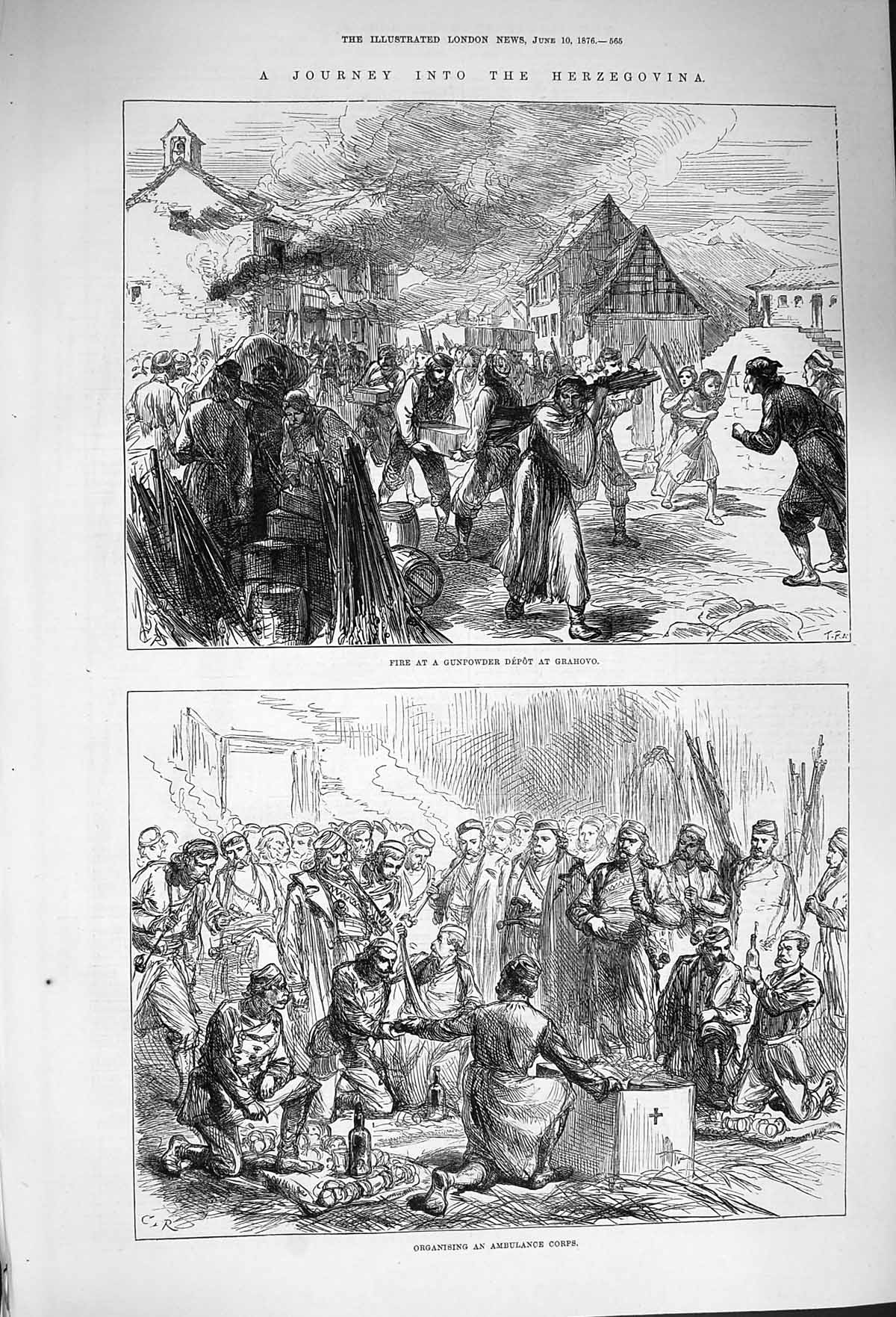 Old Antique Print 1876 Herzegovina Fire Gunpowder Grahovo Ambulance Corps 19th