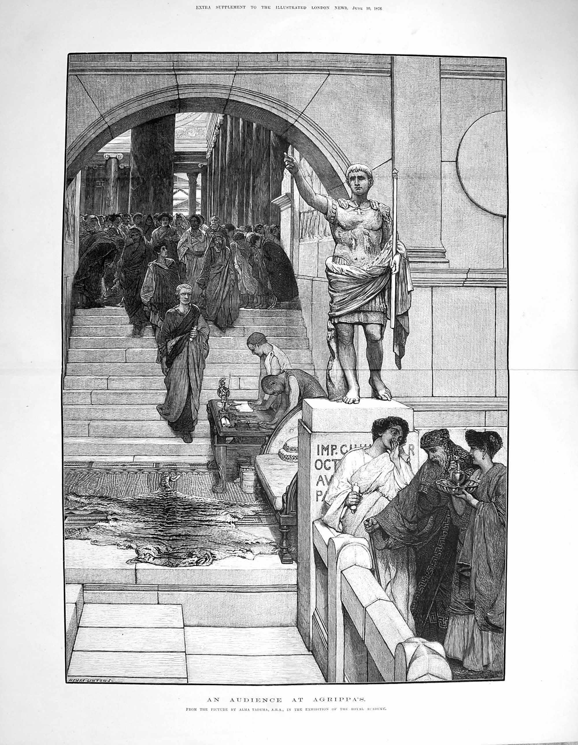 Old Antique Print 1876 Alma Tadema Fine Art Audience Agrippas Sculpture 19th