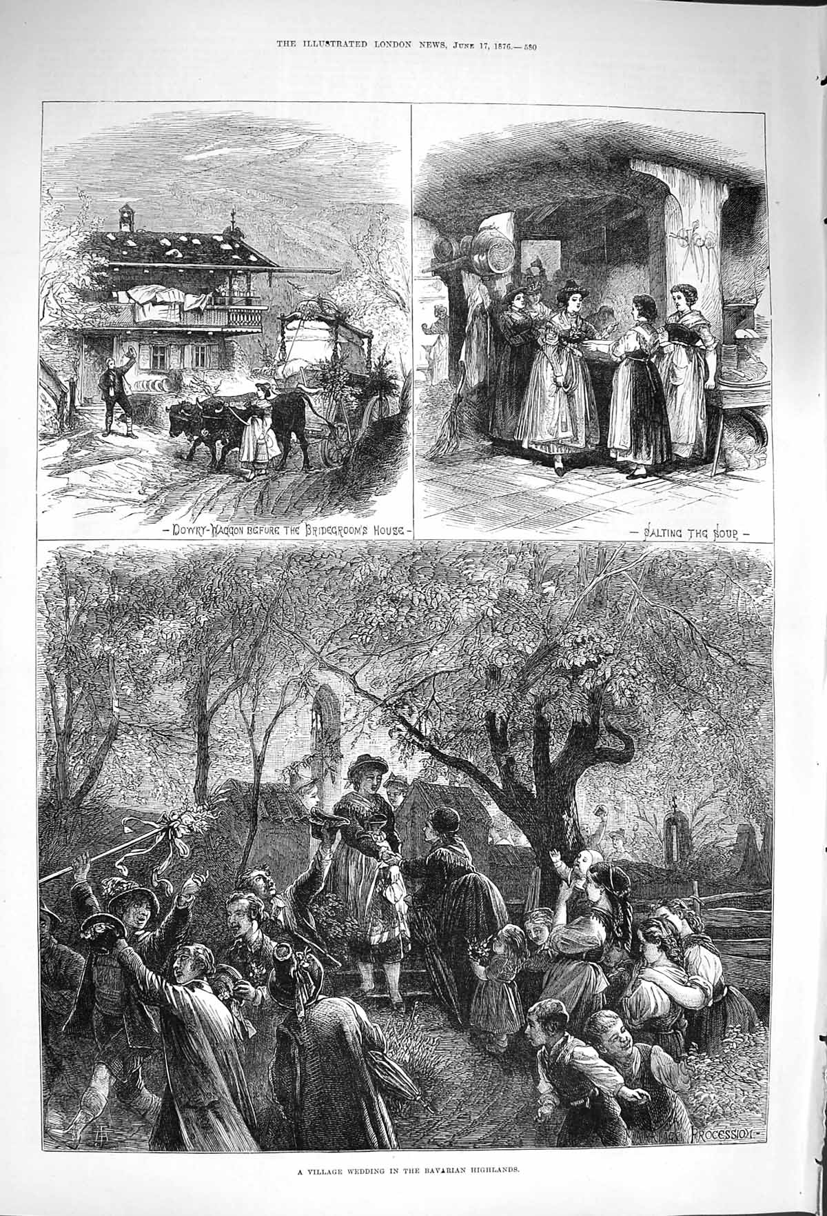 Original Old Antique Print 1876 Village Wedding Bavarian Highlands Procession