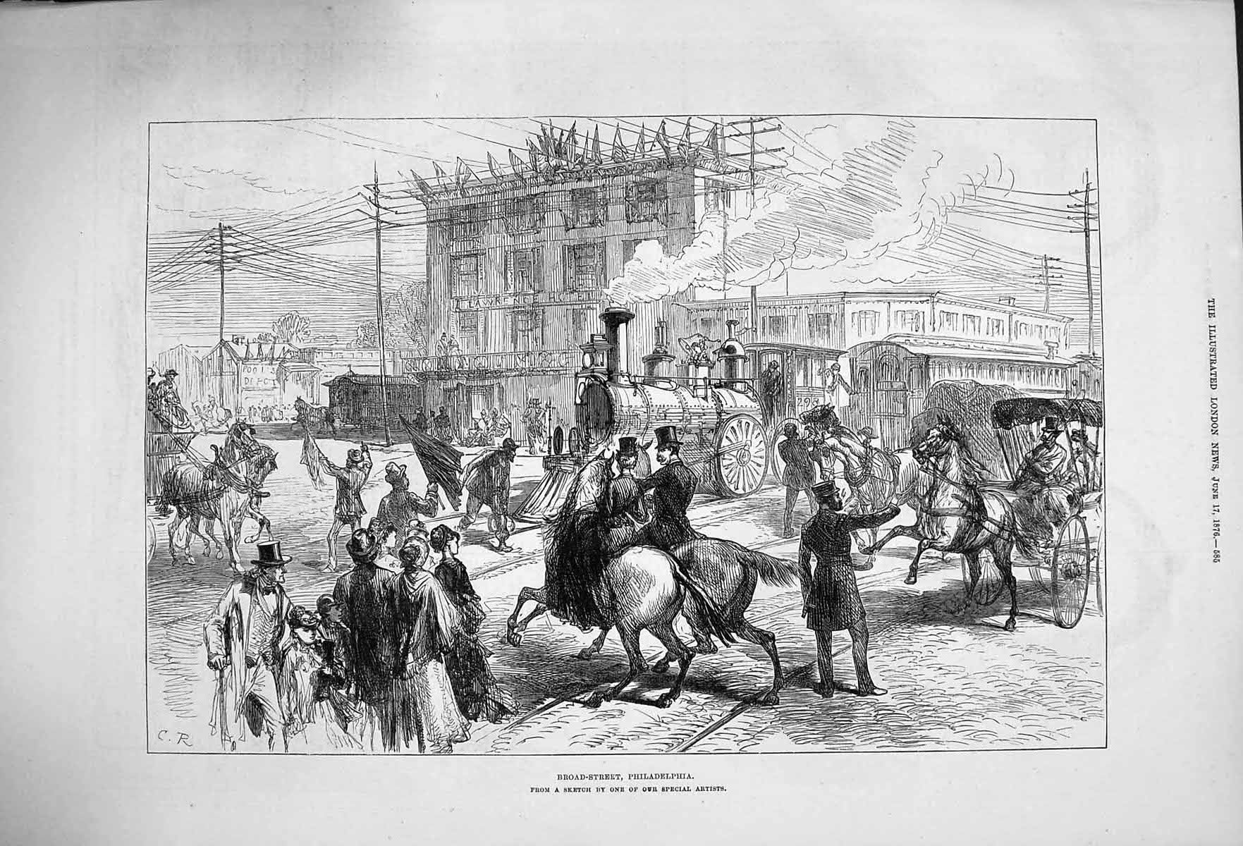 Original Old Antique Print 1876 Broad Street Philadelphia Train Railway Horses