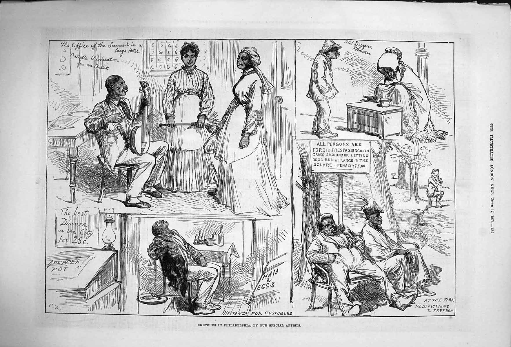 Original Old Antique Print 1876 Philadelphia Office Hotel Park Natives 19th