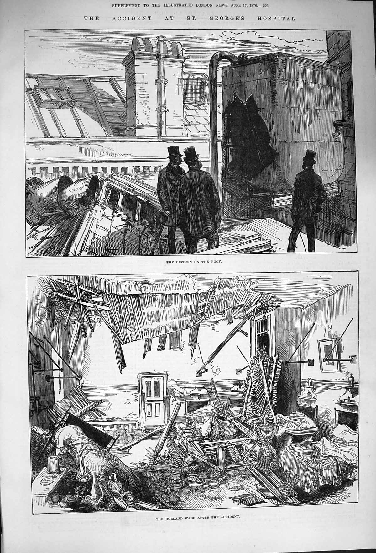 Original Old Antique Print 1876 George'S Hospital Holland Ward Accident Cistern