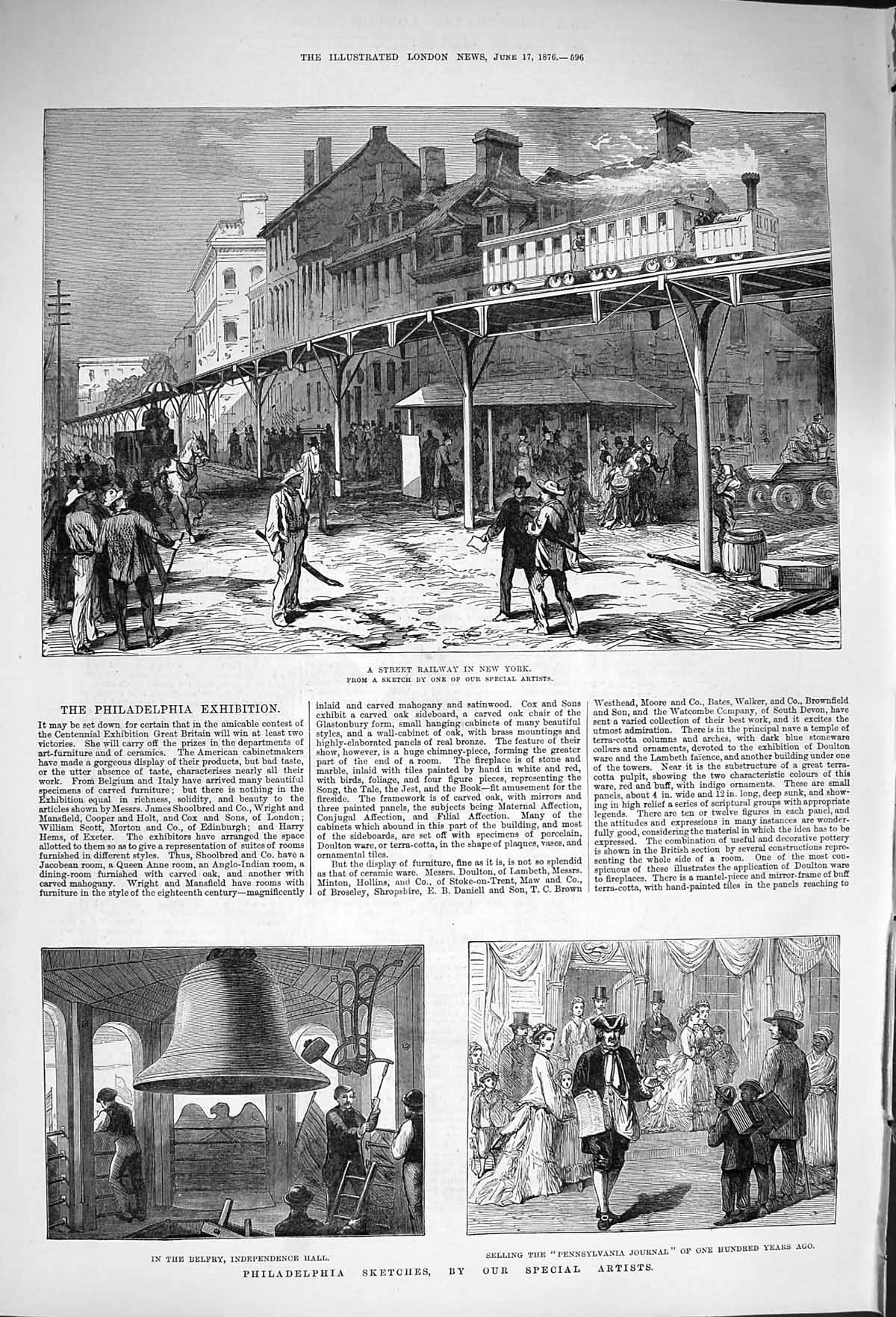 Original Old Antique Print 1876 Street Railway New York Philadelphia Belfry