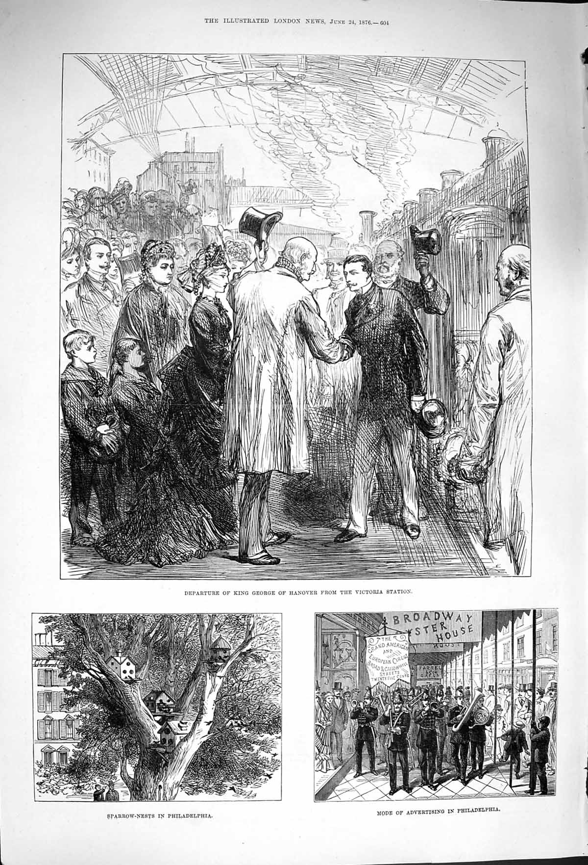 Original Old Antique Print 1876 King George Hanover Philadelphia Decoration Day